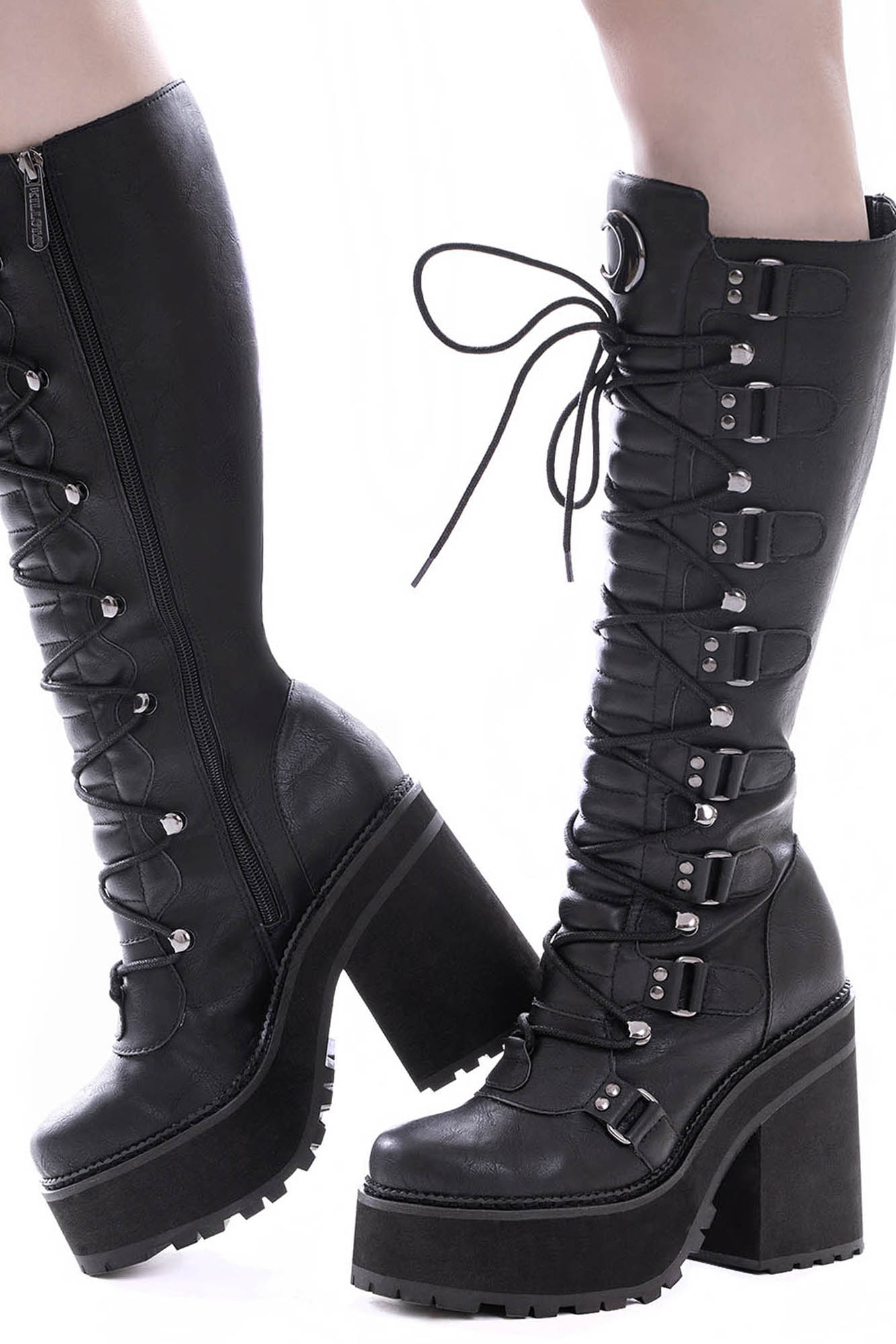 Killstar Selene Platform Boots - Faux Leather & Moon Hardware