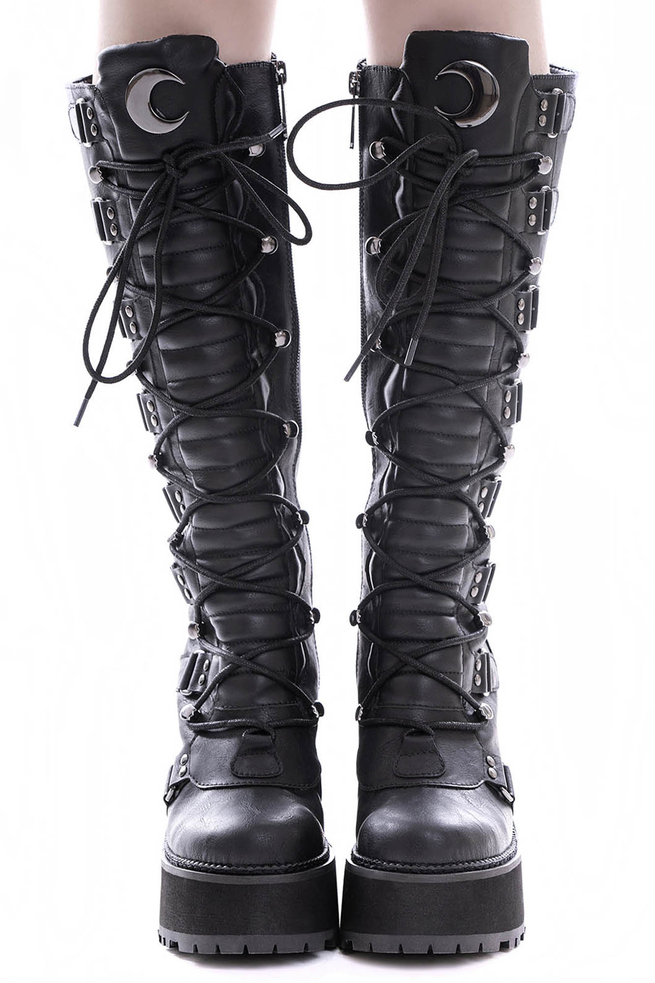 Killstar Selene Platform Boots - Faux Leather & Moon Hardware