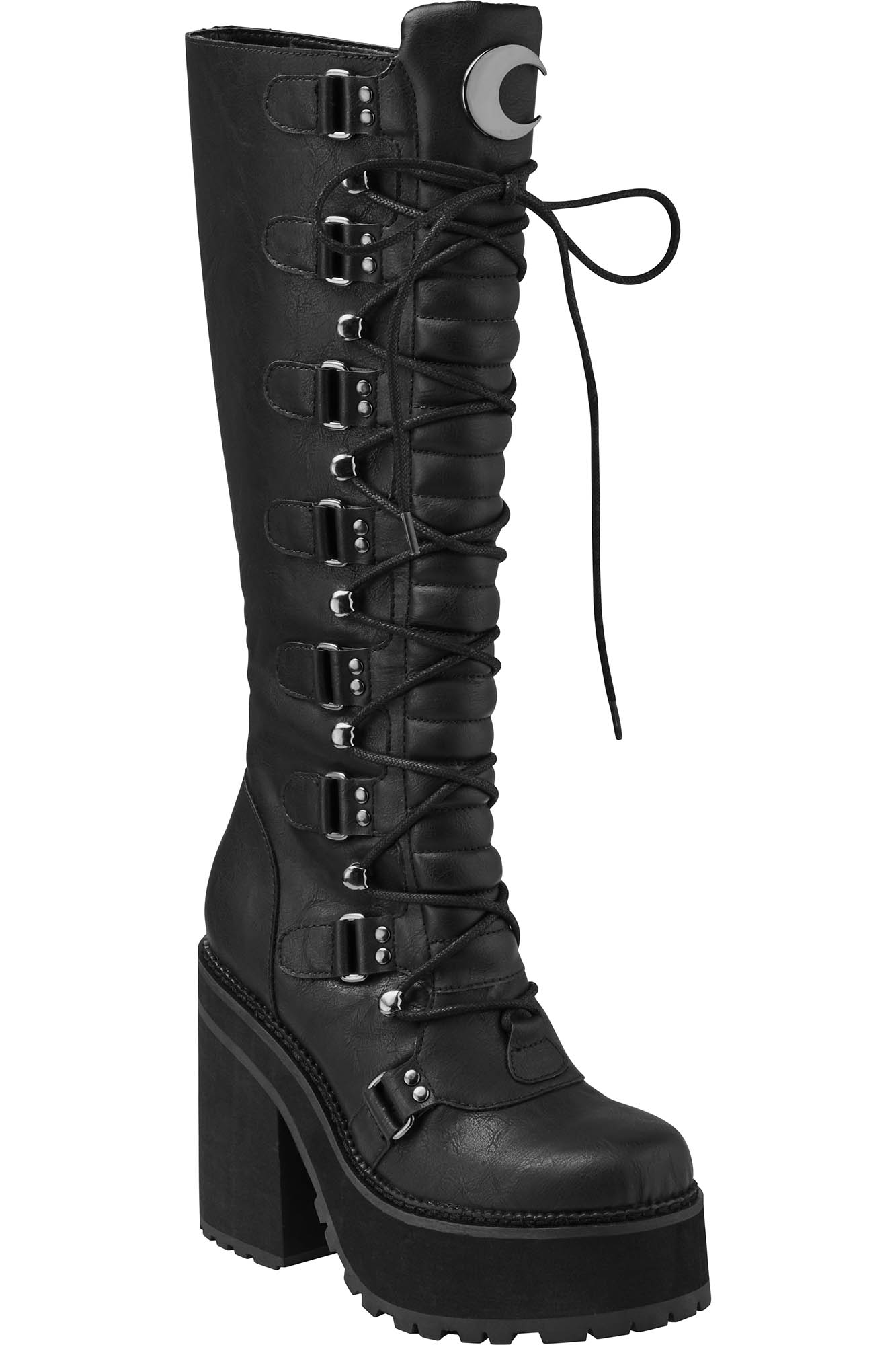 Killstar Selene Platform Boots - Faux Leather & Moon Hardware