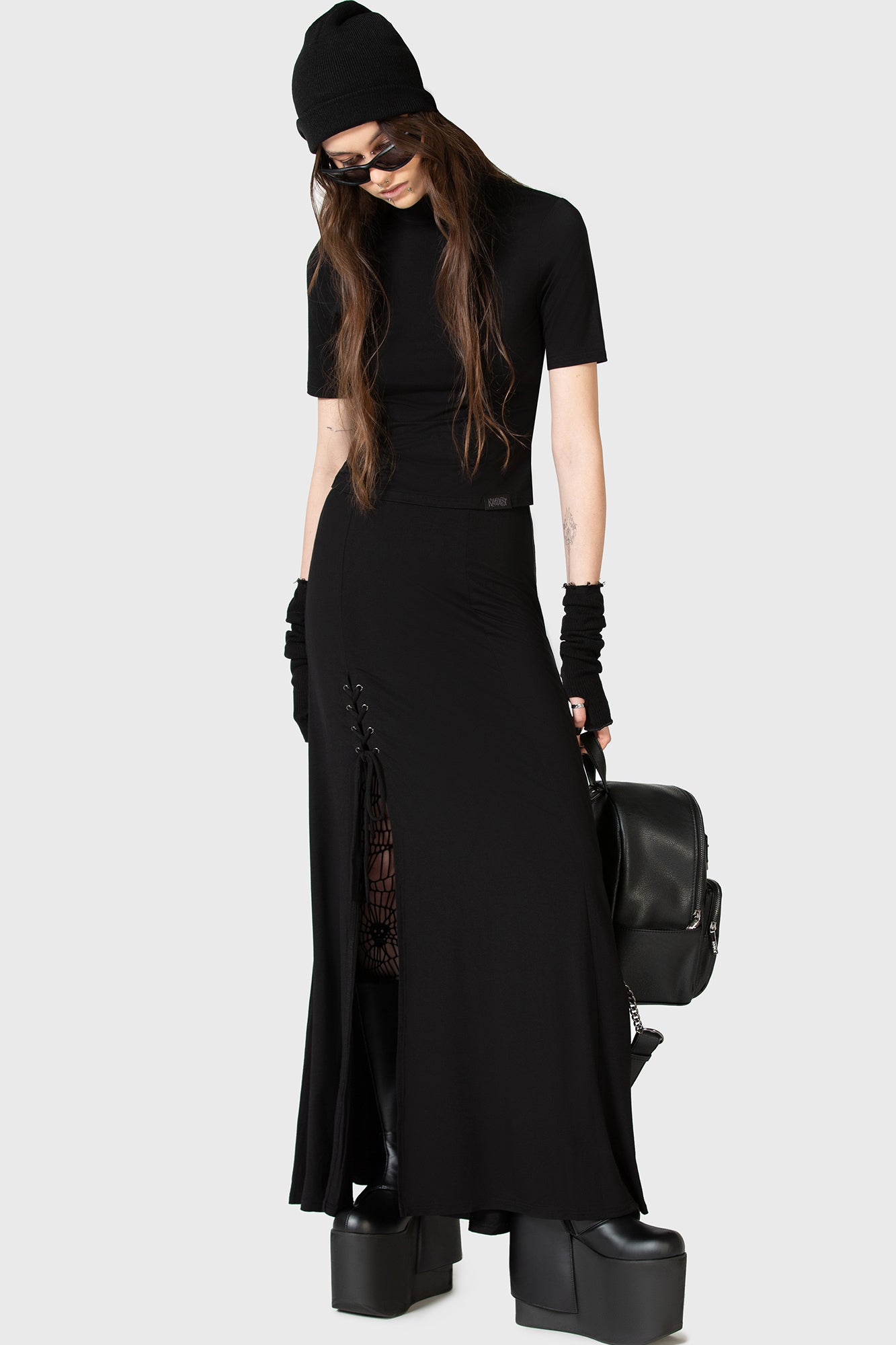KIHILIST Secretly Weep High Waist Lace Up Maxi Skirt