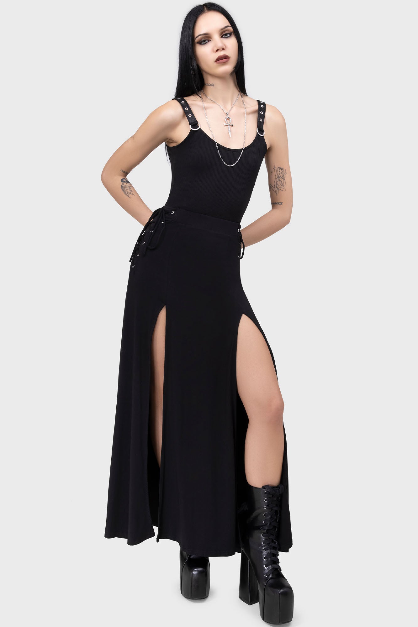 Hellverina Lace-Up Split Maxi Skirt - Stretch Viscose Gothic Style