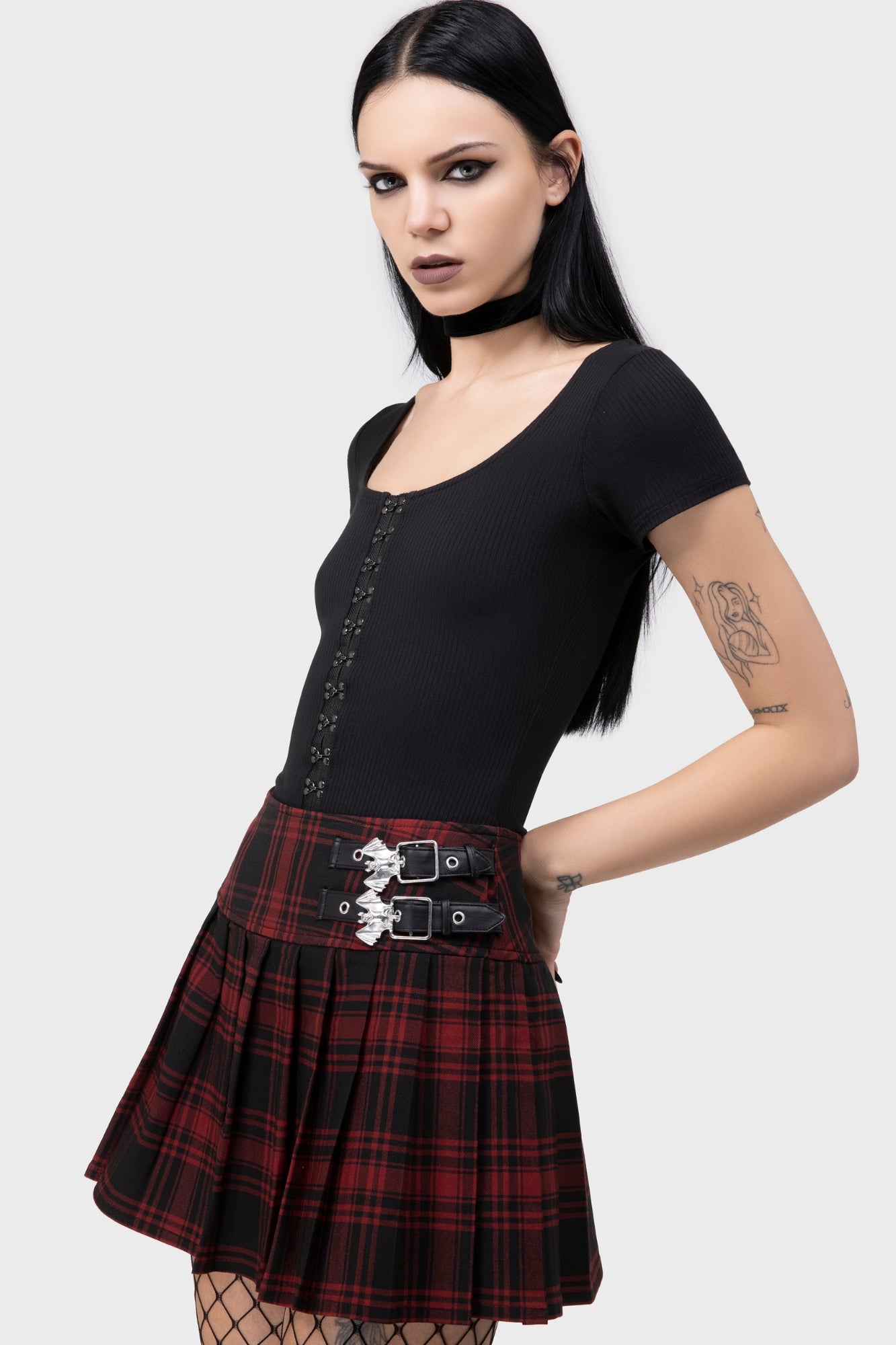 Killstar Bat Girl Pleated Mini Skirt with Buckles - Tartan