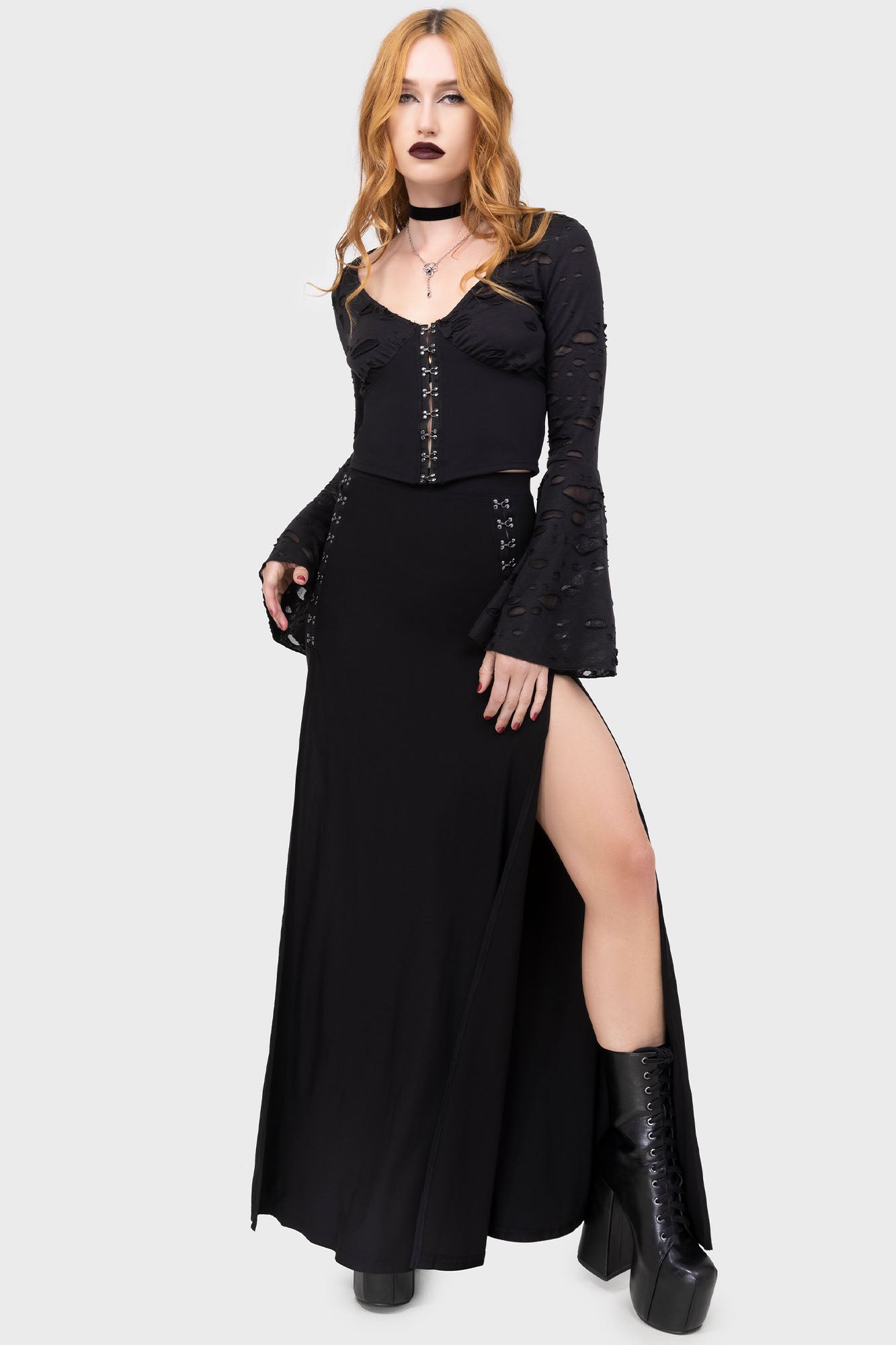 Killstar Snarl Maxi Skirt with Slits & Elastic Waist