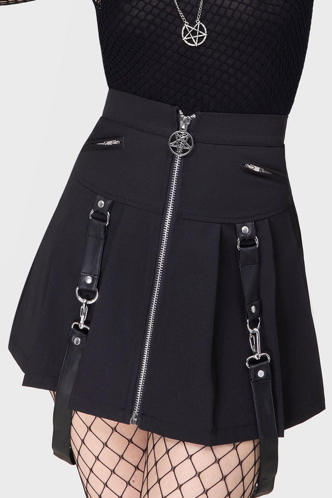 Killstar Blaire Pleated Mini Skirt with PU Straps & Zip