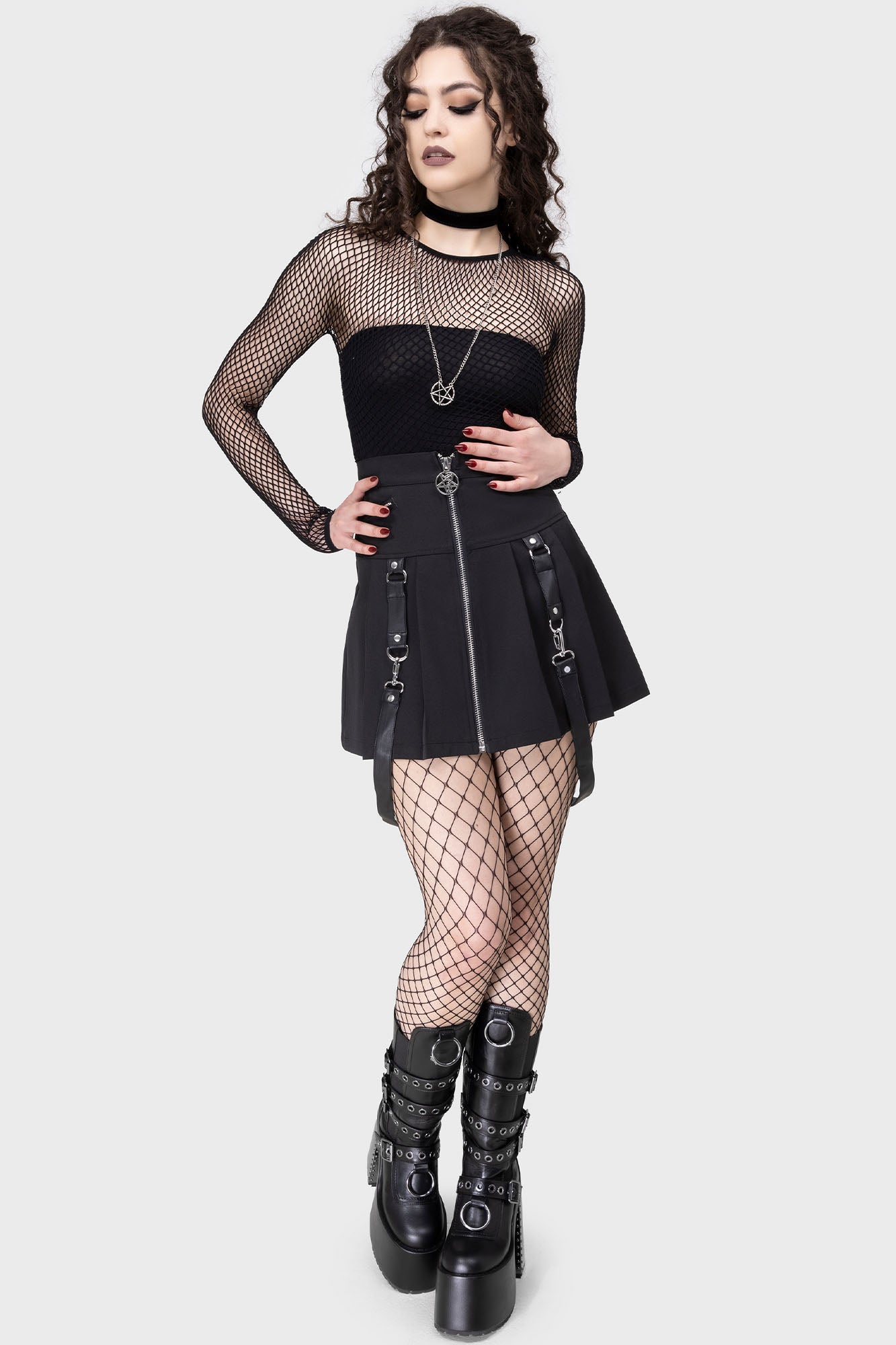 Killstar Blaire Pleated Mini Skirt with PU Straps & Zip