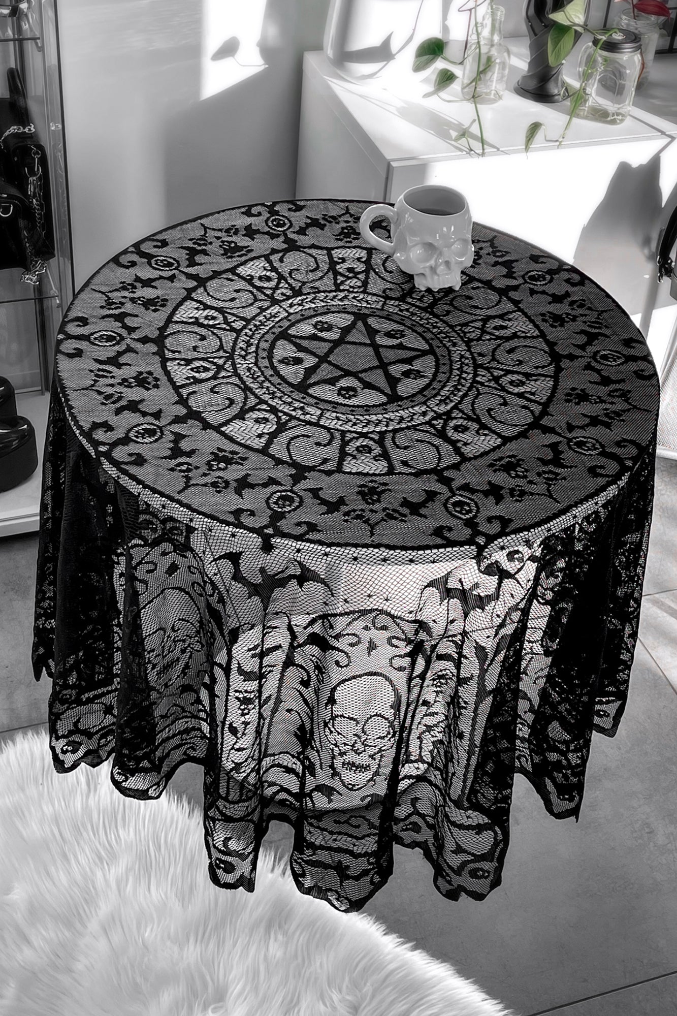 Killstar Asra Gothic Lace Tablecloth with Skull & Bat Print