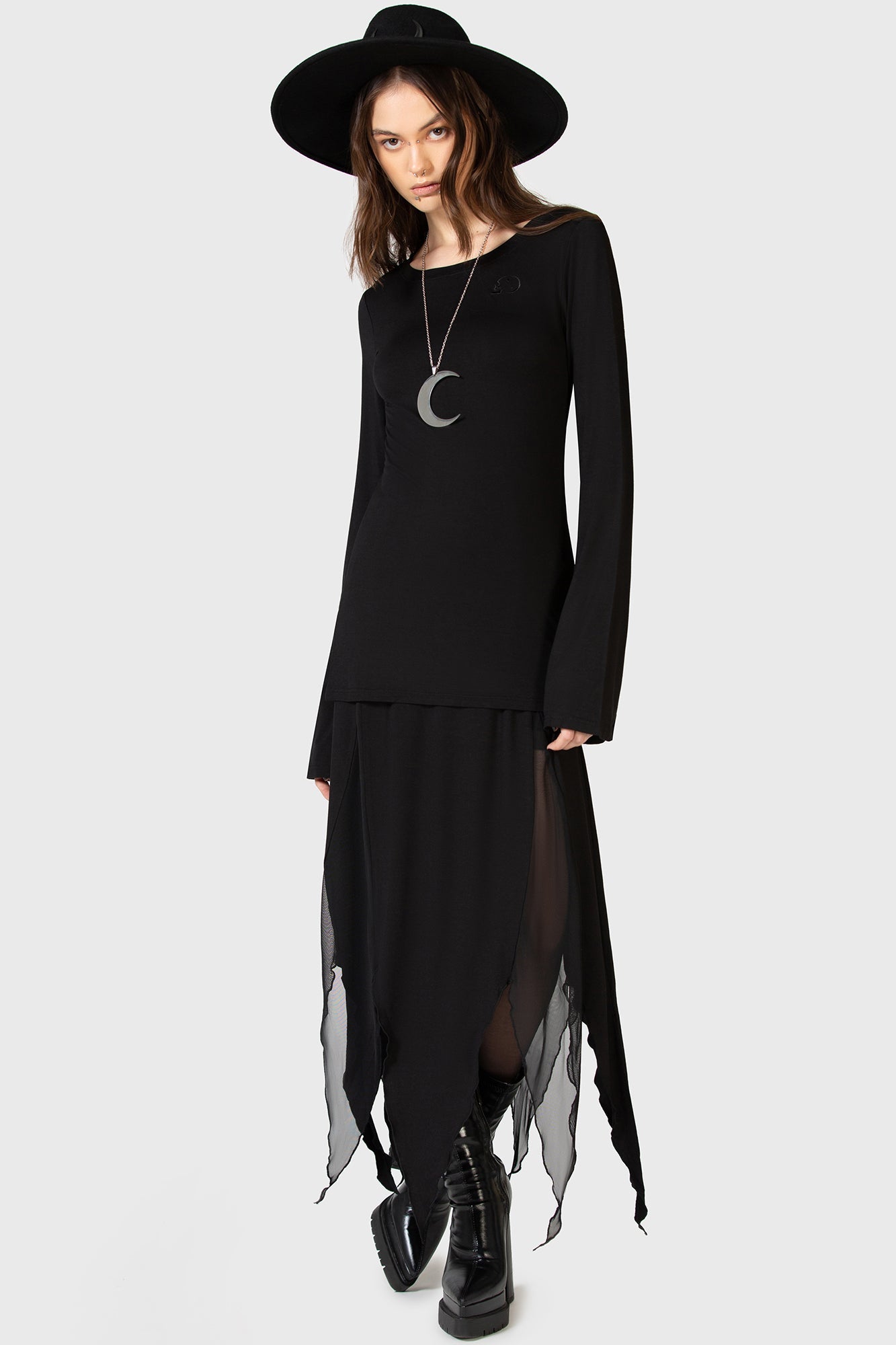 KIHILIST Embroidered Skull Tunic Top with Bell Sleeves