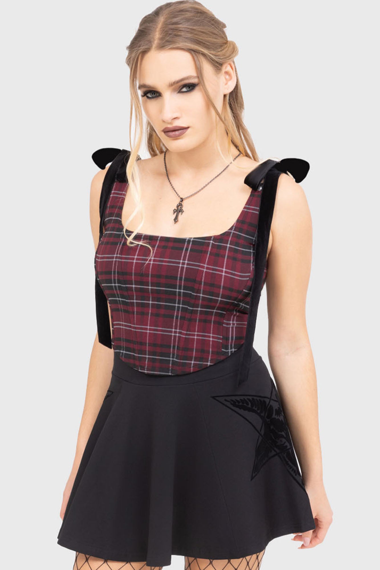 Killstar Burgundy Tartan Flora Corset Top with Adjustable Straps