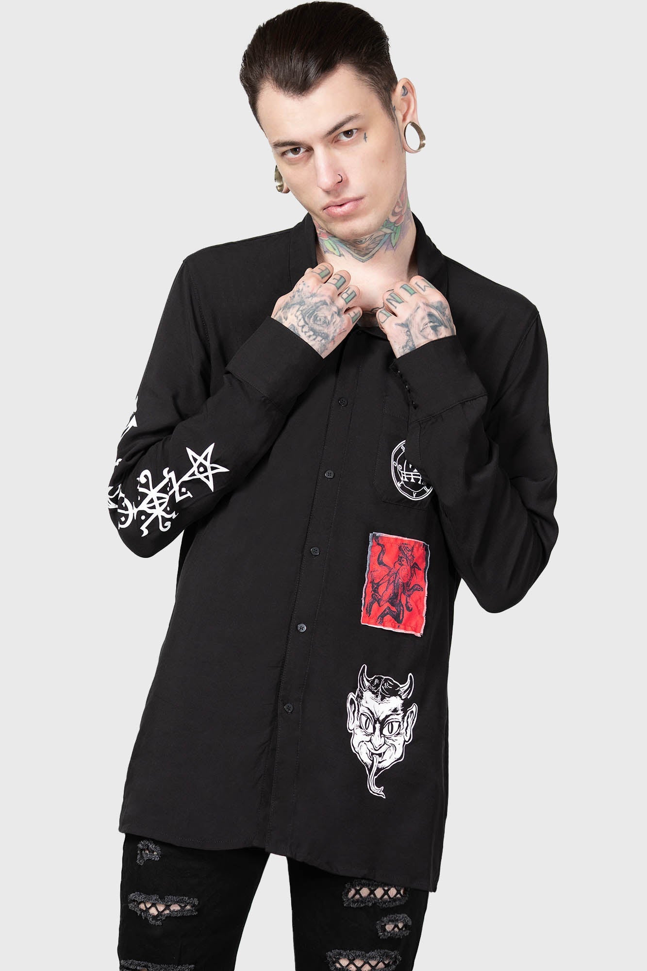 Killstar Barabtos Devil Print Viscose Shirt - Unisex Long Sleeve
