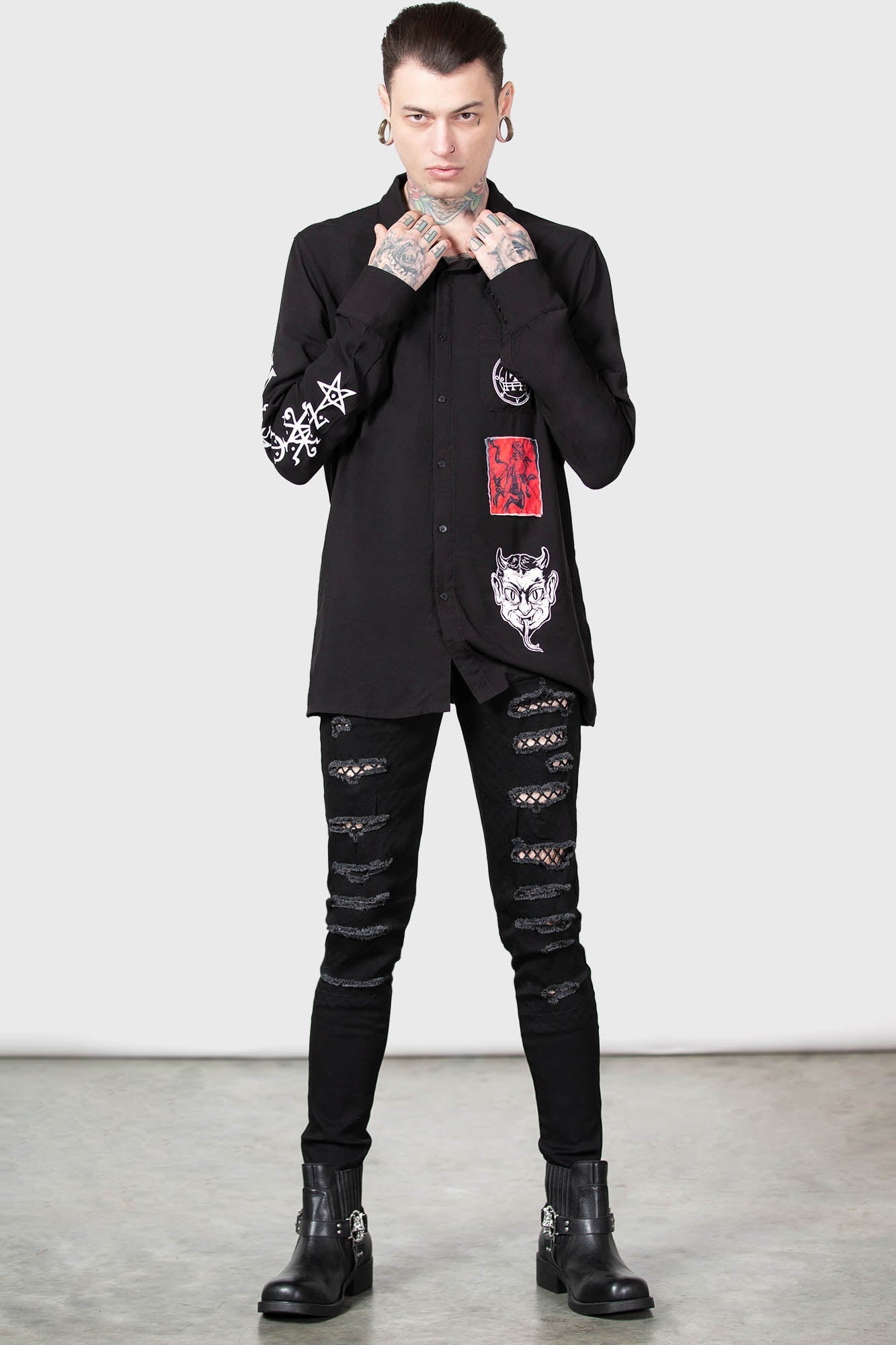 Killstar Barabtos Devil Print Viscose Shirt - Unisex Long Sleeve