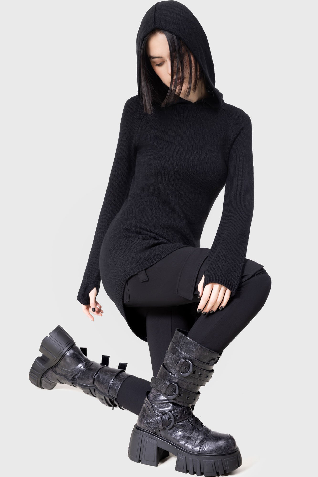 KIHILIST Enigmatra Oversized Hood Knit Top - Soft-Stretch Acrylic