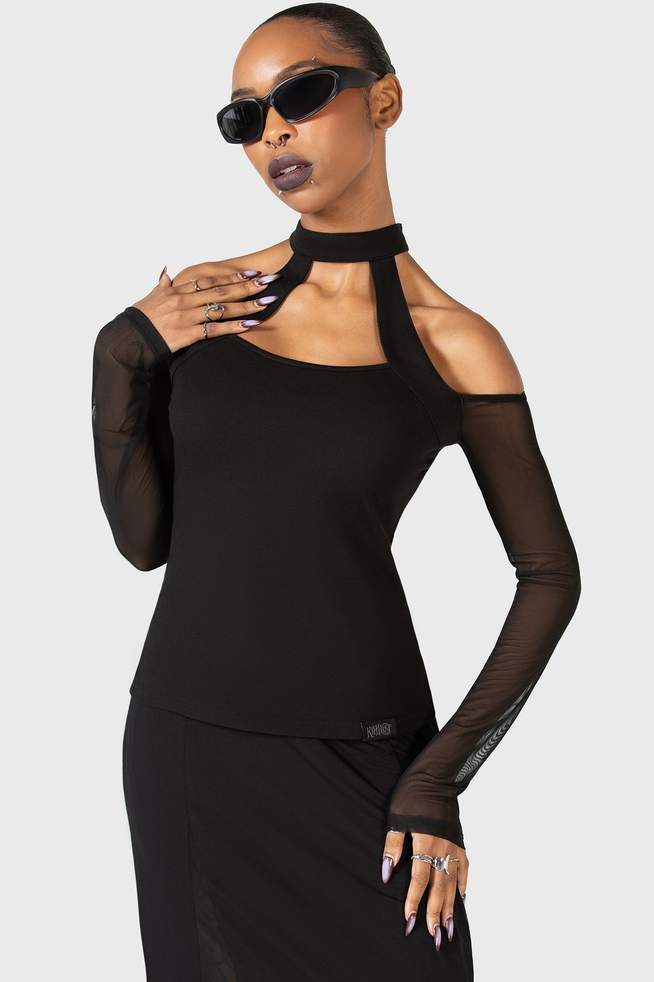 KIHILIST Mesh Sleeve Long Sleeve Top with Keyhole Back