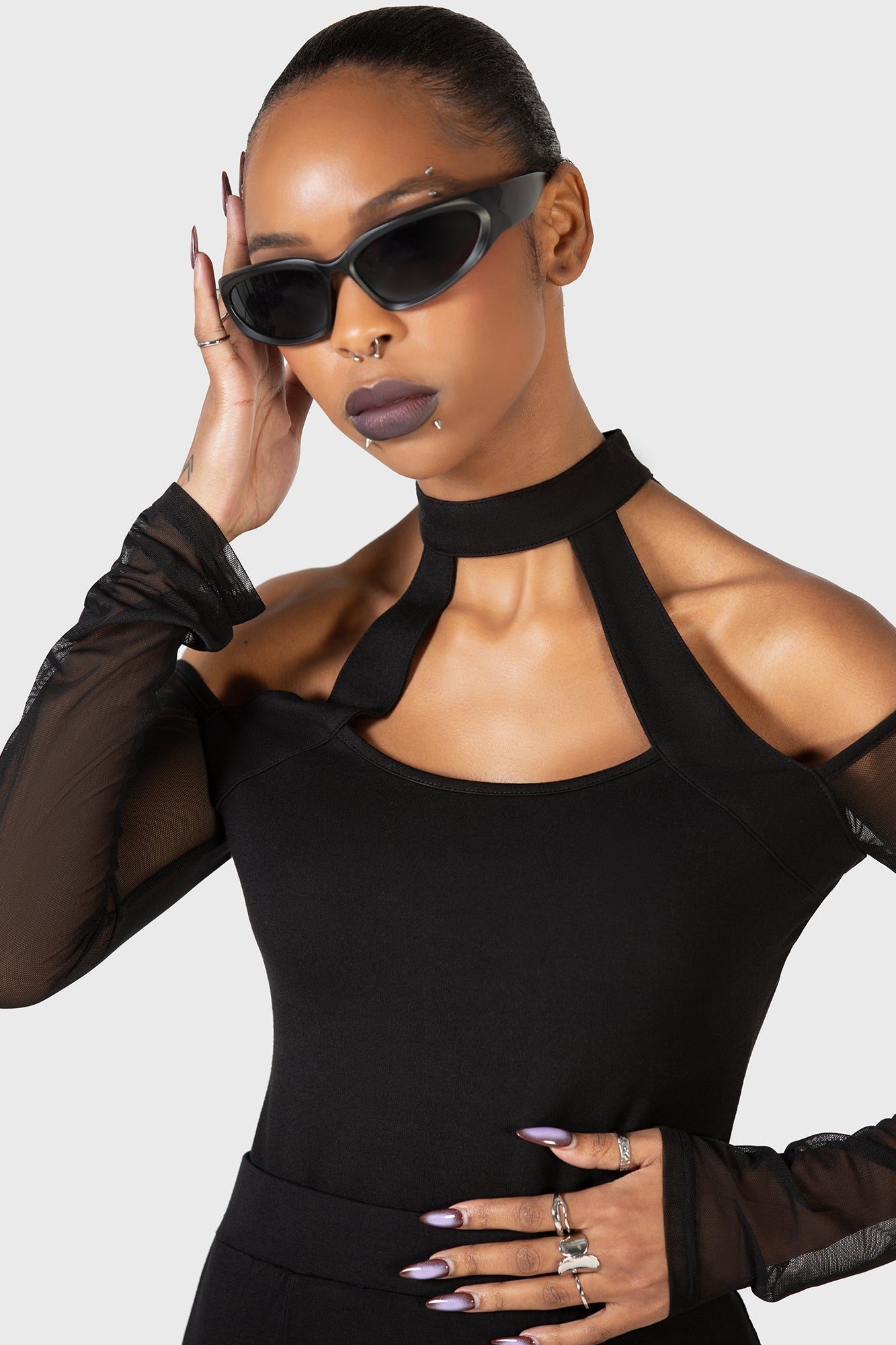 KIHILIST Mesh Sleeve Long Sleeve Top with Keyhole Back