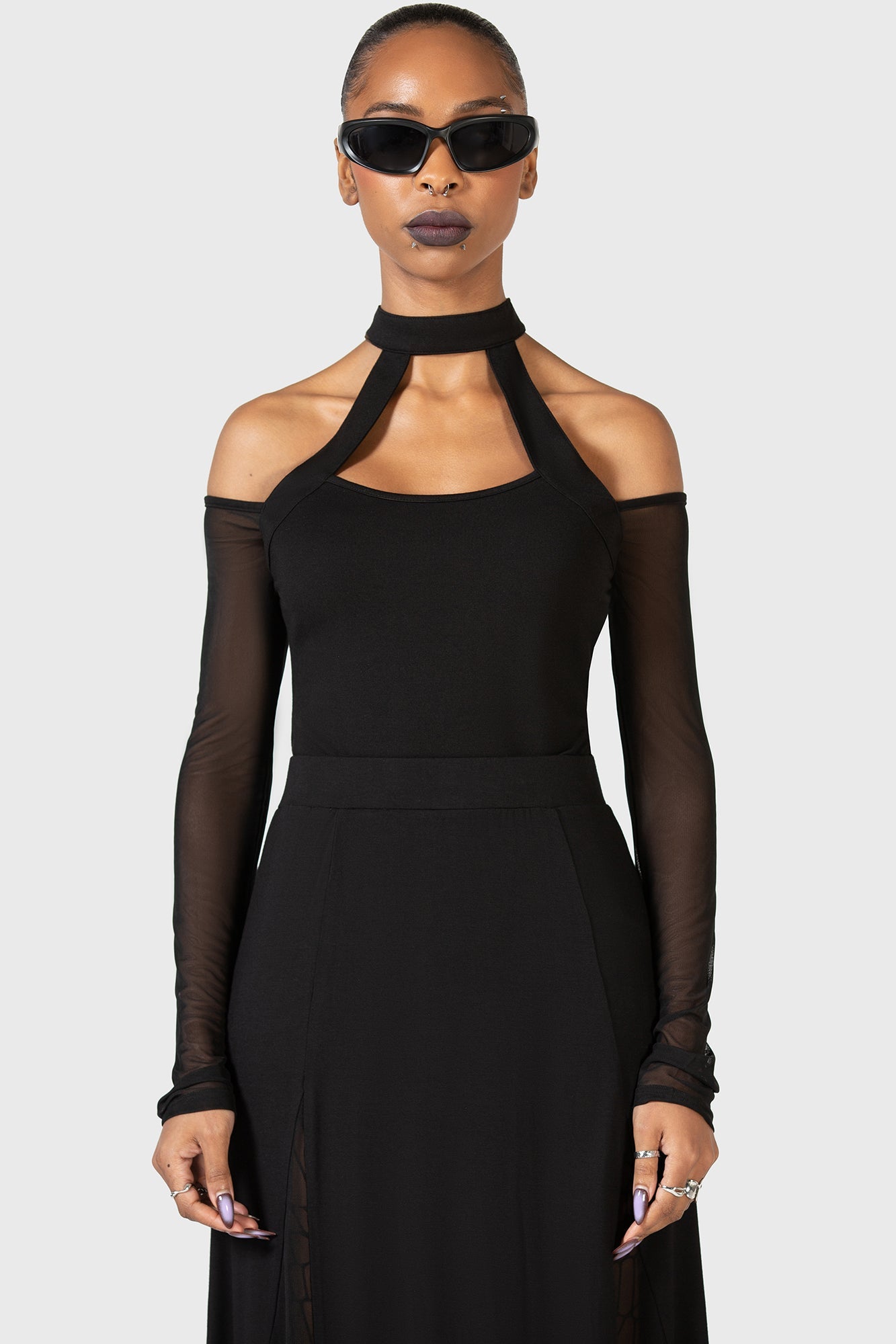 KIHILIST Mesh Sleeve Long Sleeve Top with Keyhole Back