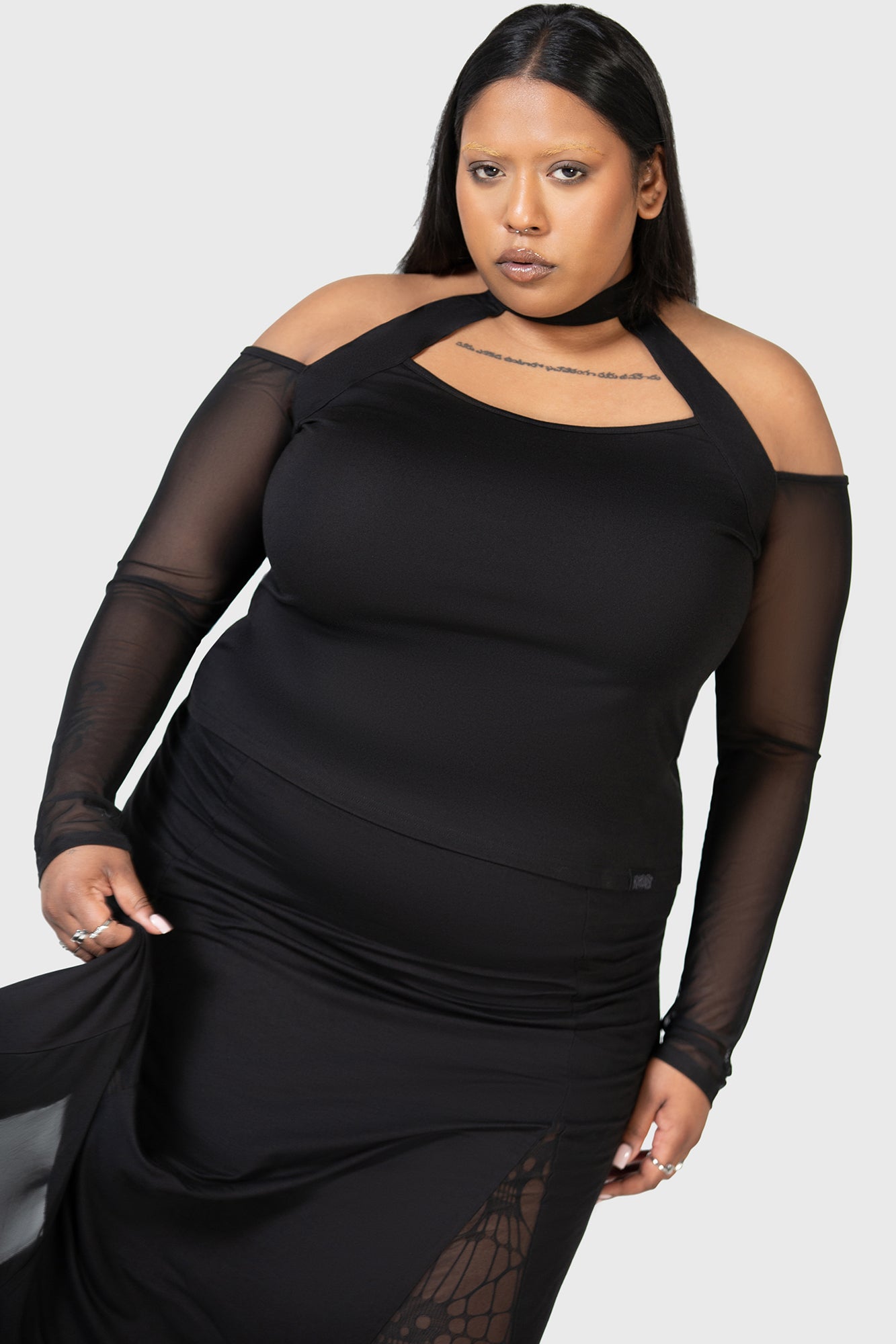 KIHILIST Mesh Sleeve Long Sleeve Top with Keyhole Back
