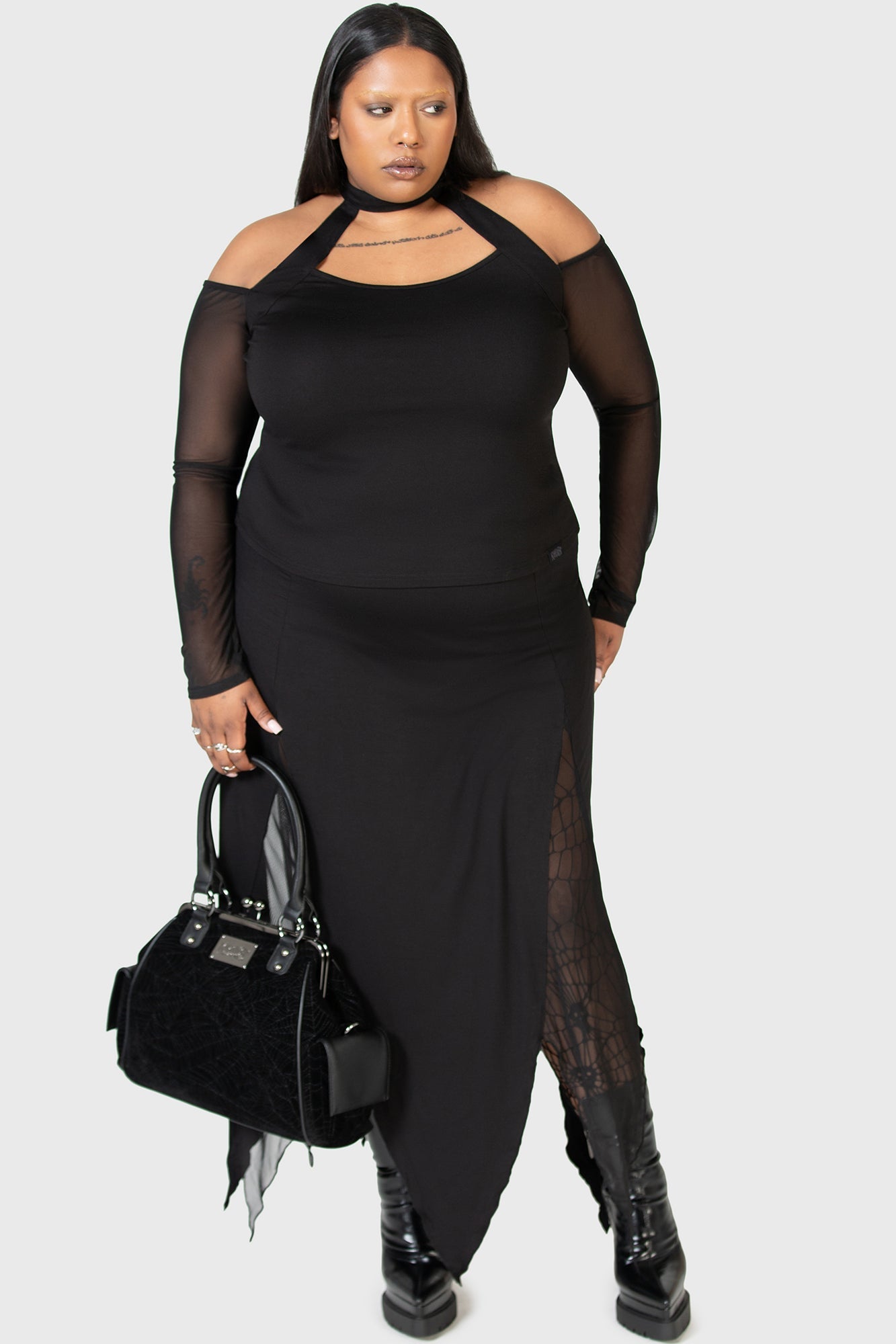 KIHILIST Mesh Sleeve Long Sleeve Top with Keyhole Back