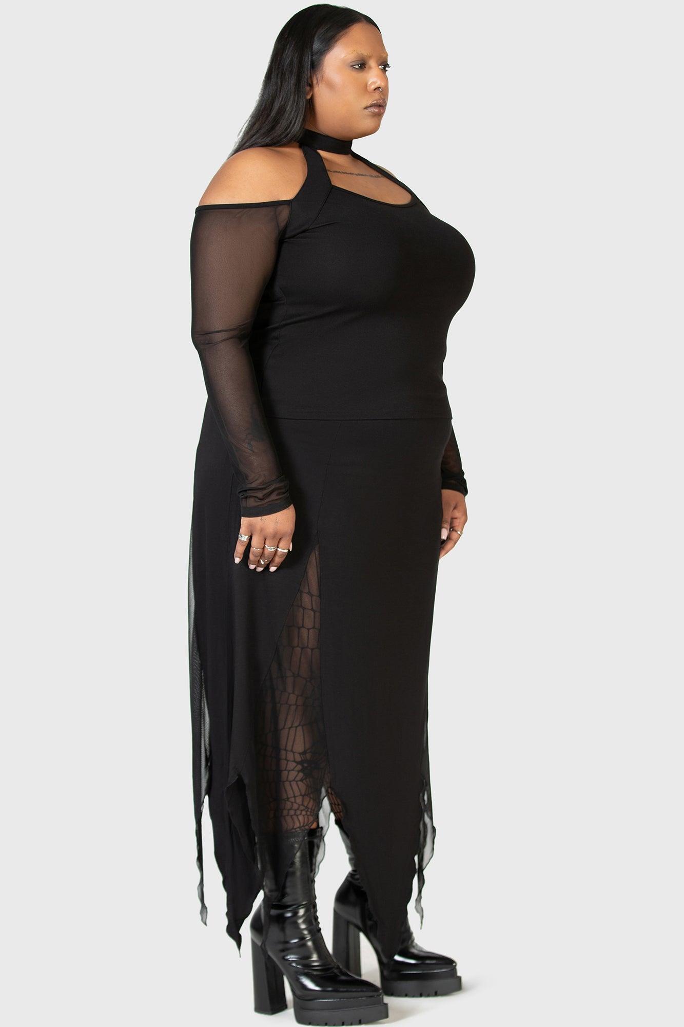 KIHILIST Mesh Sleeve Long Sleeve Top with Keyhole Back