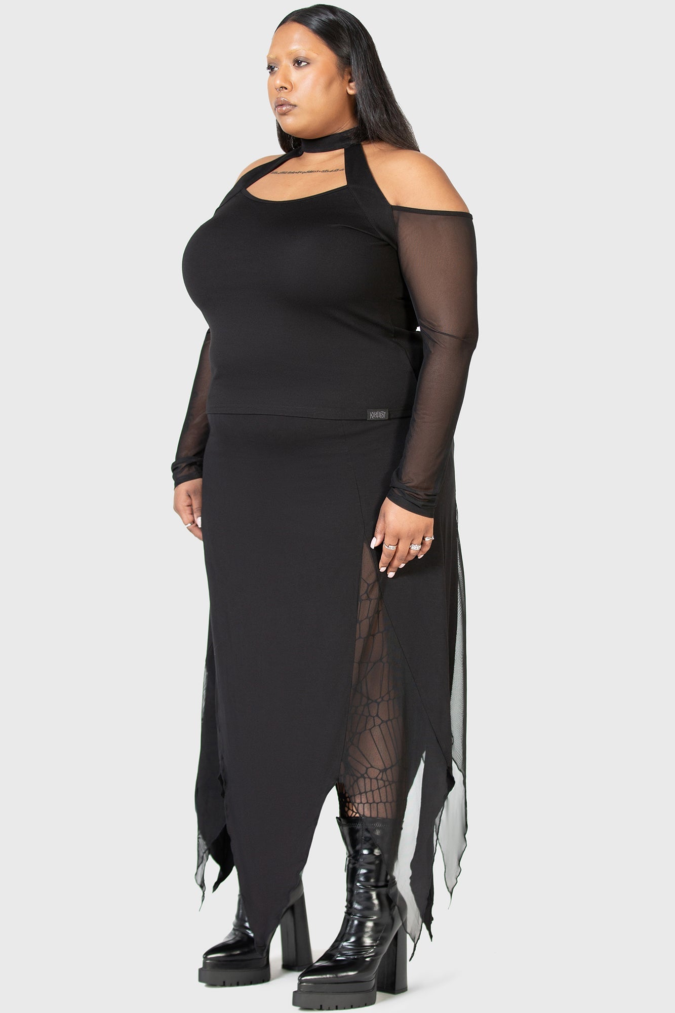 KIHILIST Mesh Sleeve Long Sleeve Top with Keyhole Back