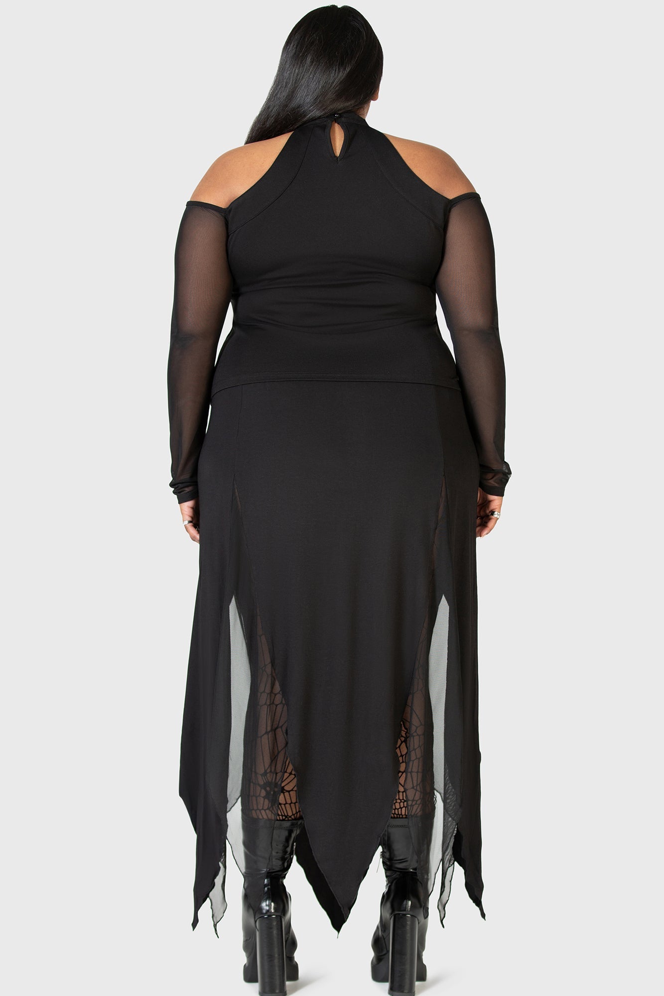 KIHILIST Mesh Sleeve Long Sleeve Top with Keyhole Back