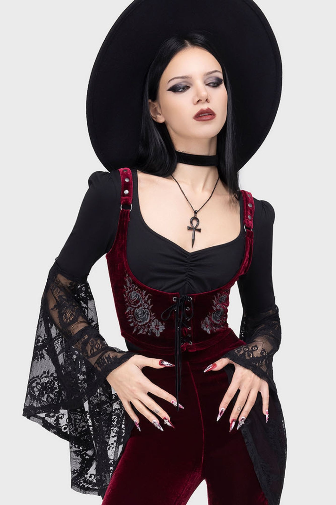 Killstar Vesperis Lace Detail Flared Sleeve Top