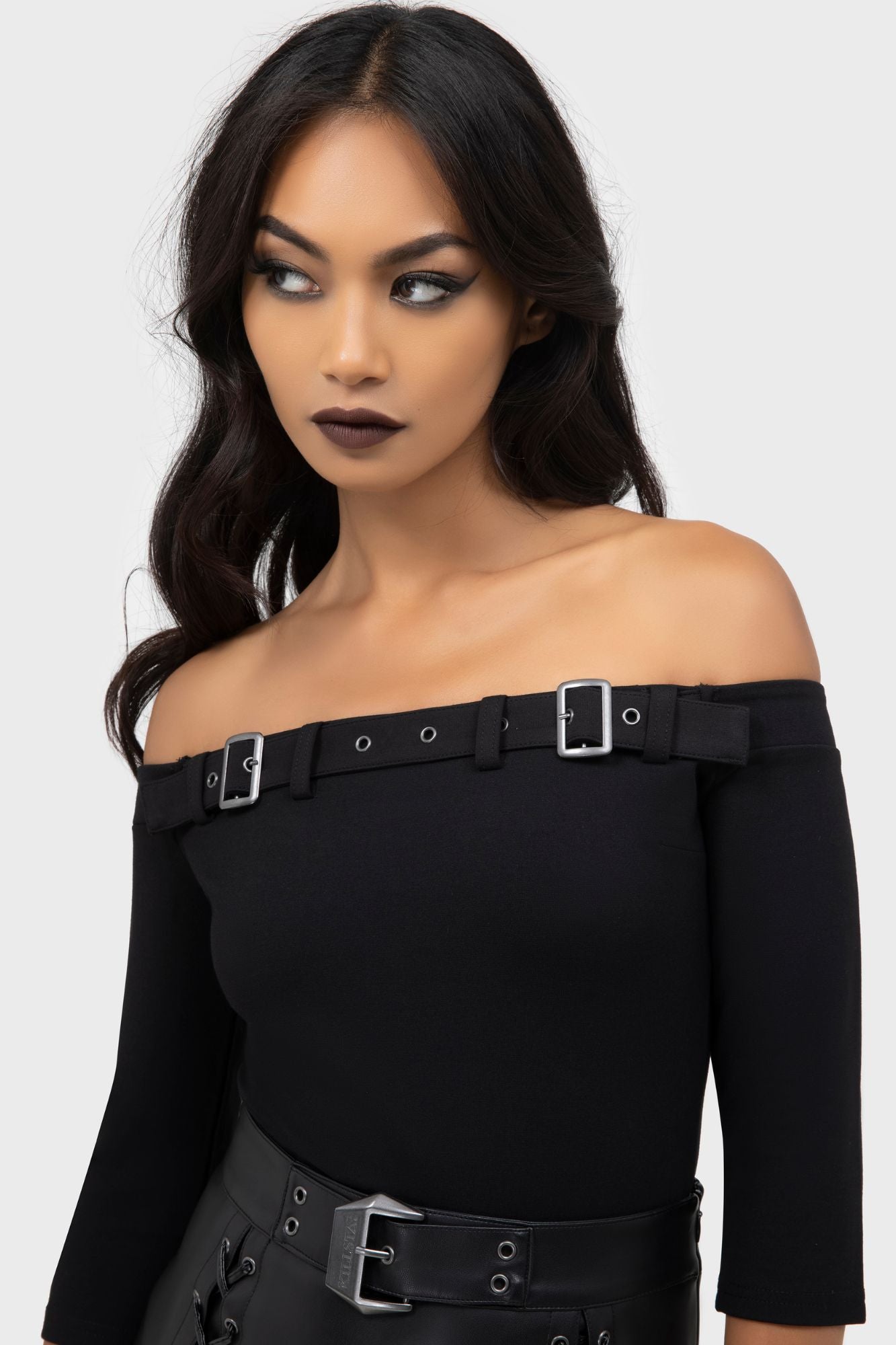 Killstar Cryptarose Off-Shoulder Top with Buckle Detail