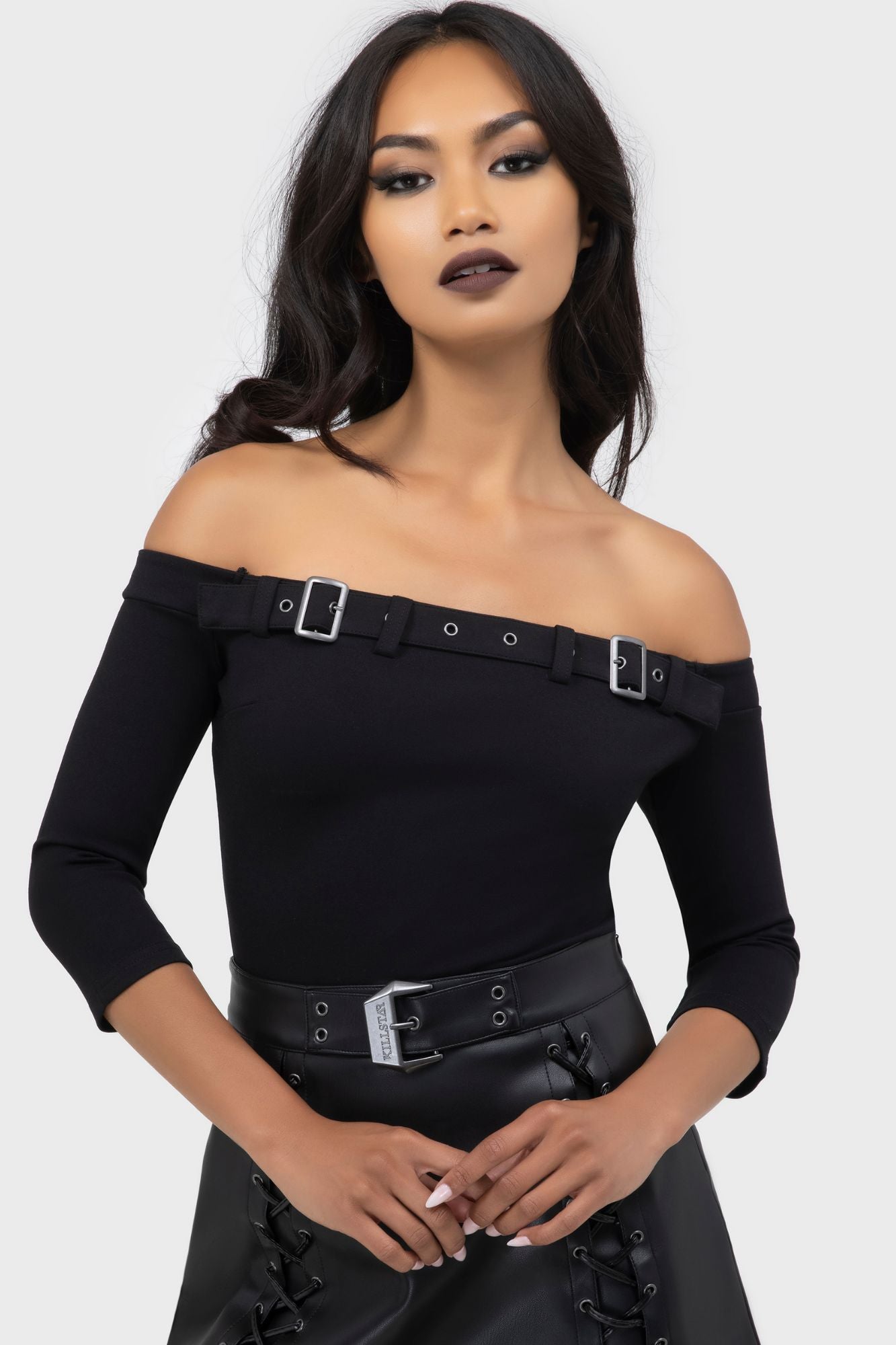 Killstar Cryptarose Off-Shoulder Top with Buckle Detail
