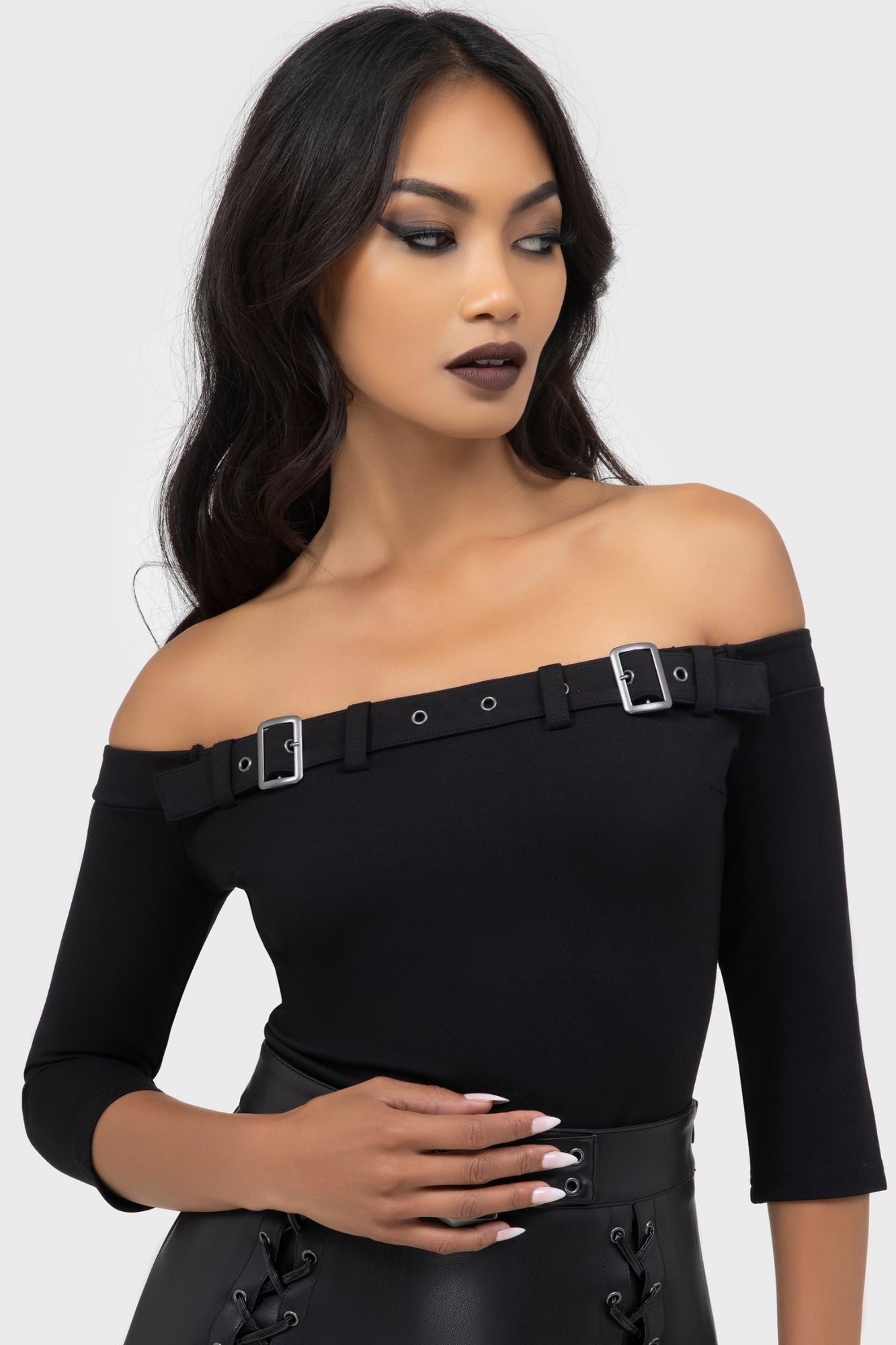 Killstar Cryptarose Off-Shoulder Top with Buckle Detail