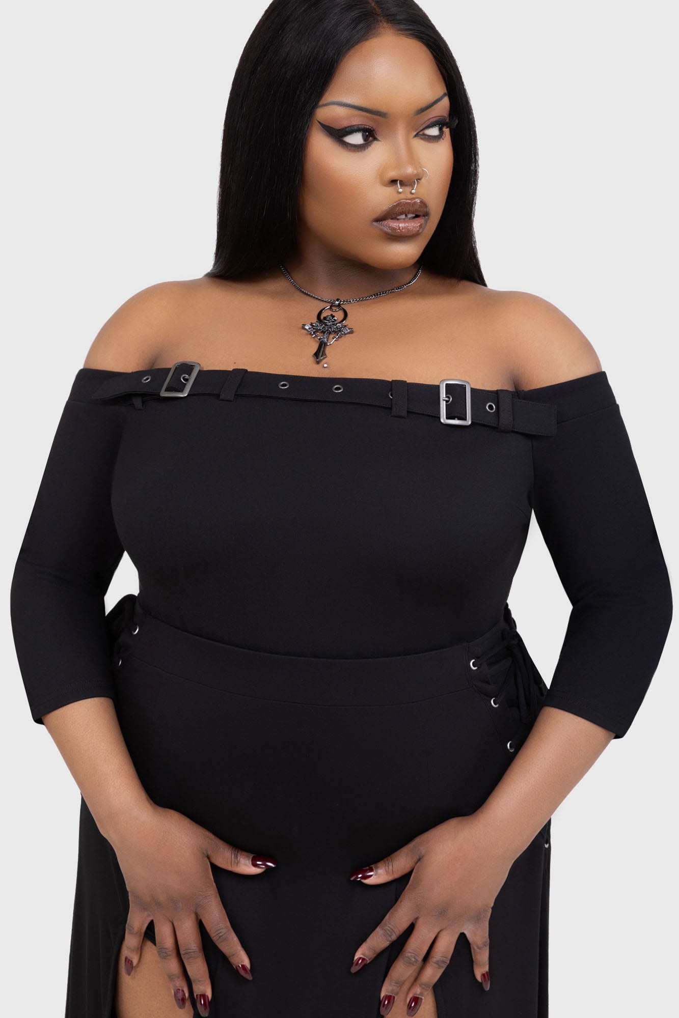 Killstar Cryptarose Off-Shoulder Top with Buckle Detail