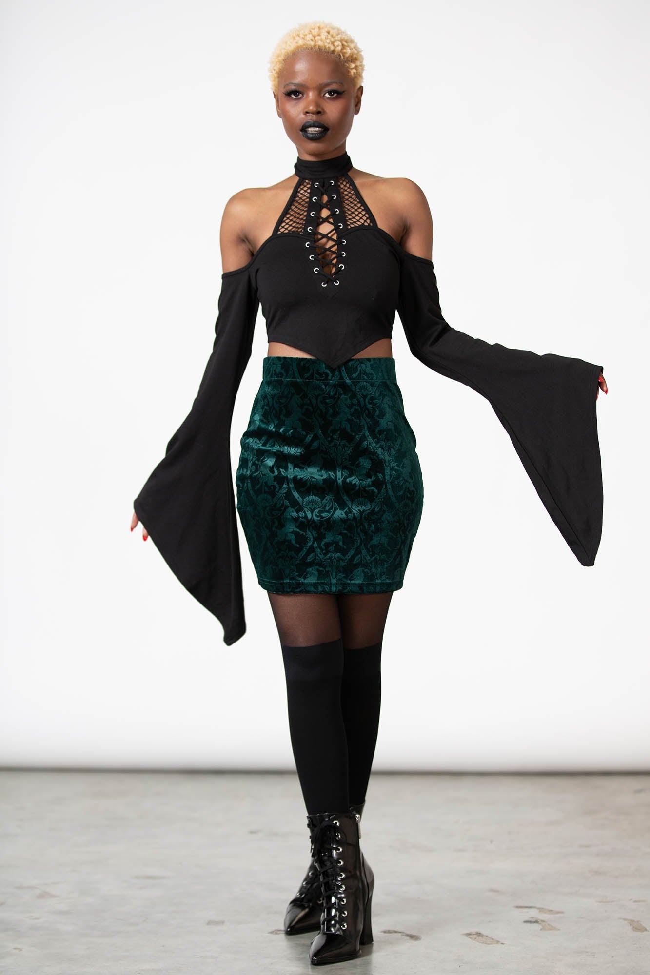 Killstar Doom Duchess Velvet Mini Skirt - Emerald Green
