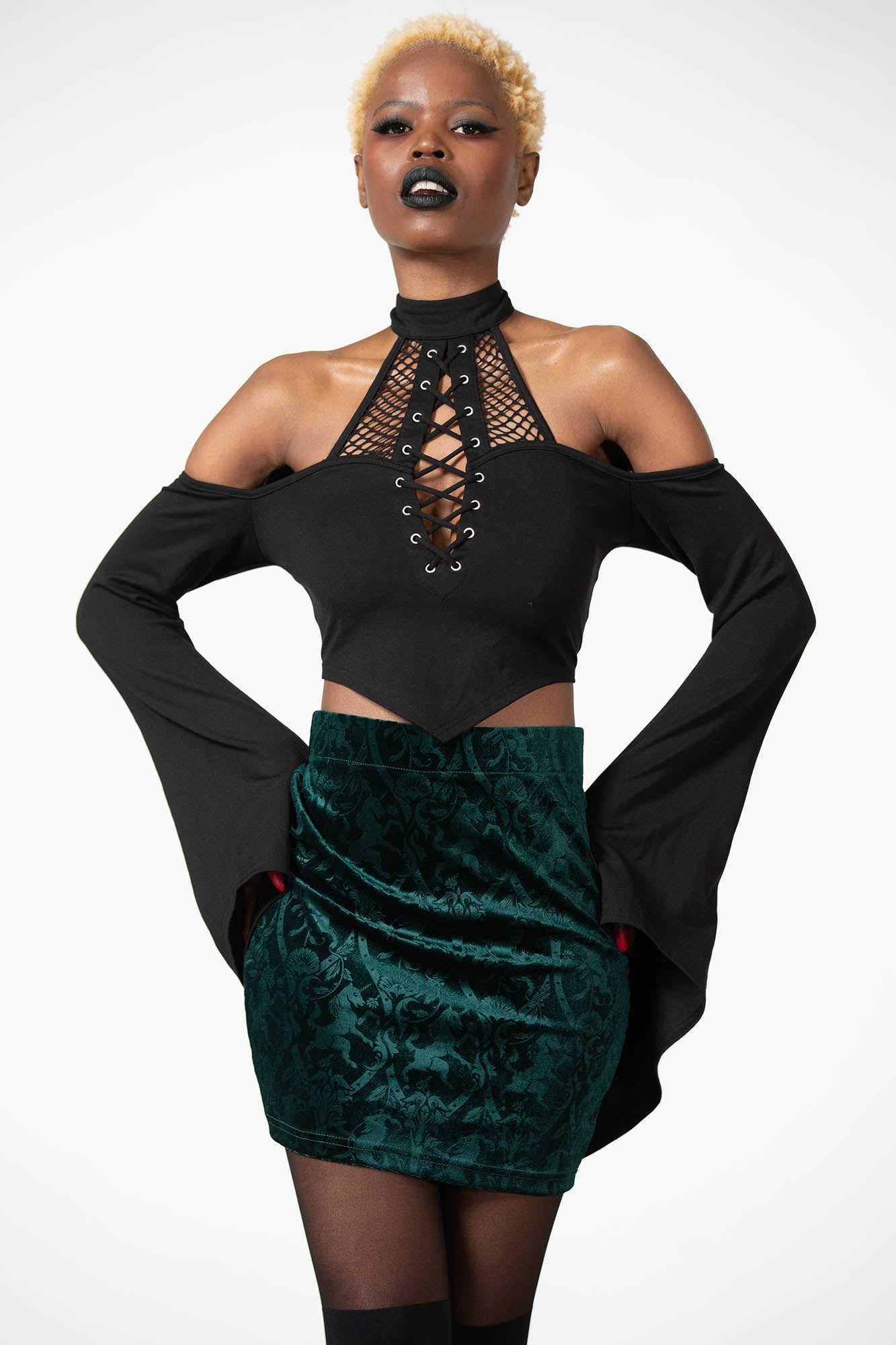 Killstar Doom Duchess Velvet Mini Skirt - Emerald Green