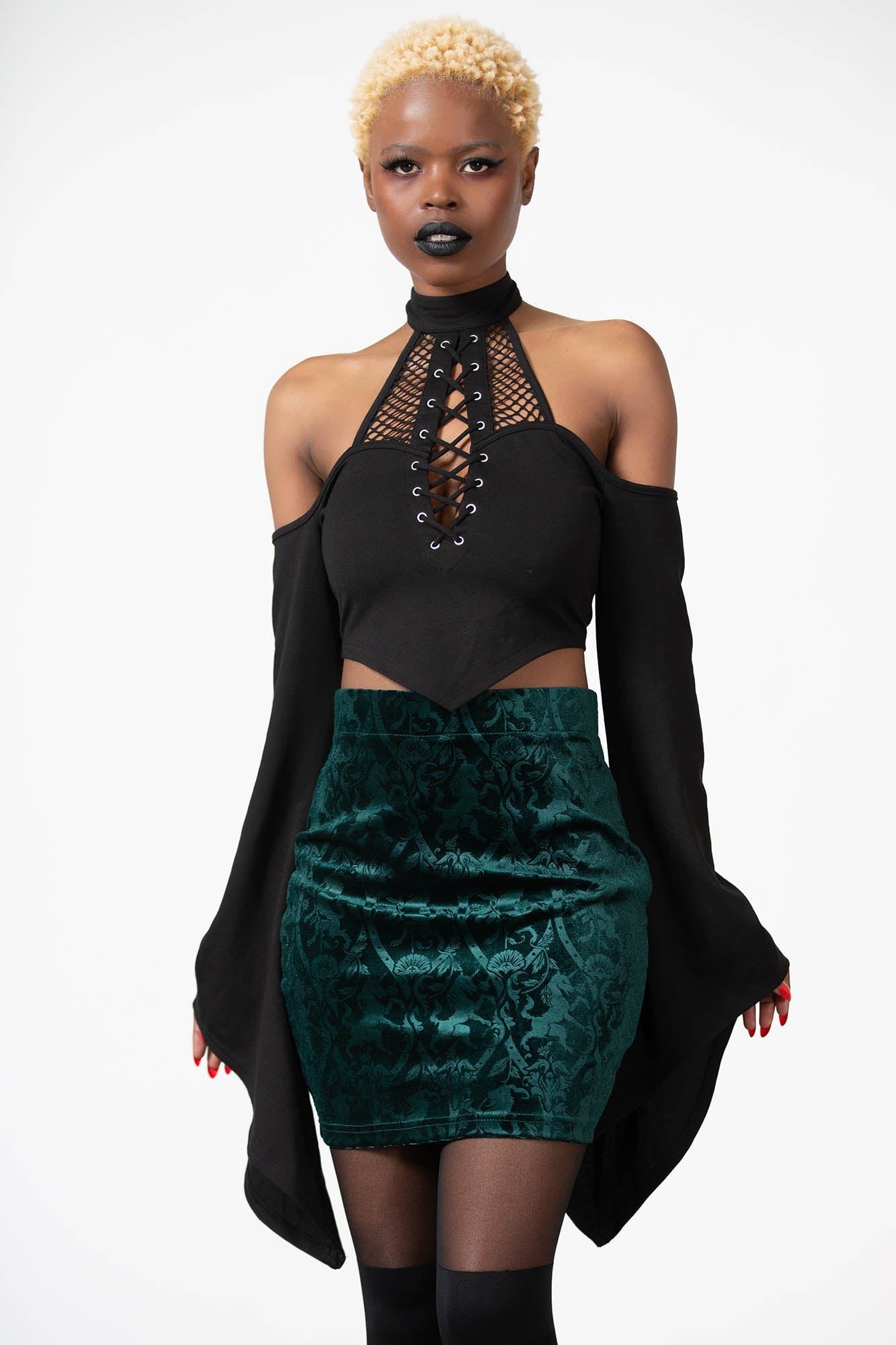 Killstar Doom Duchess Velvet Mini Skirt - Emerald Green