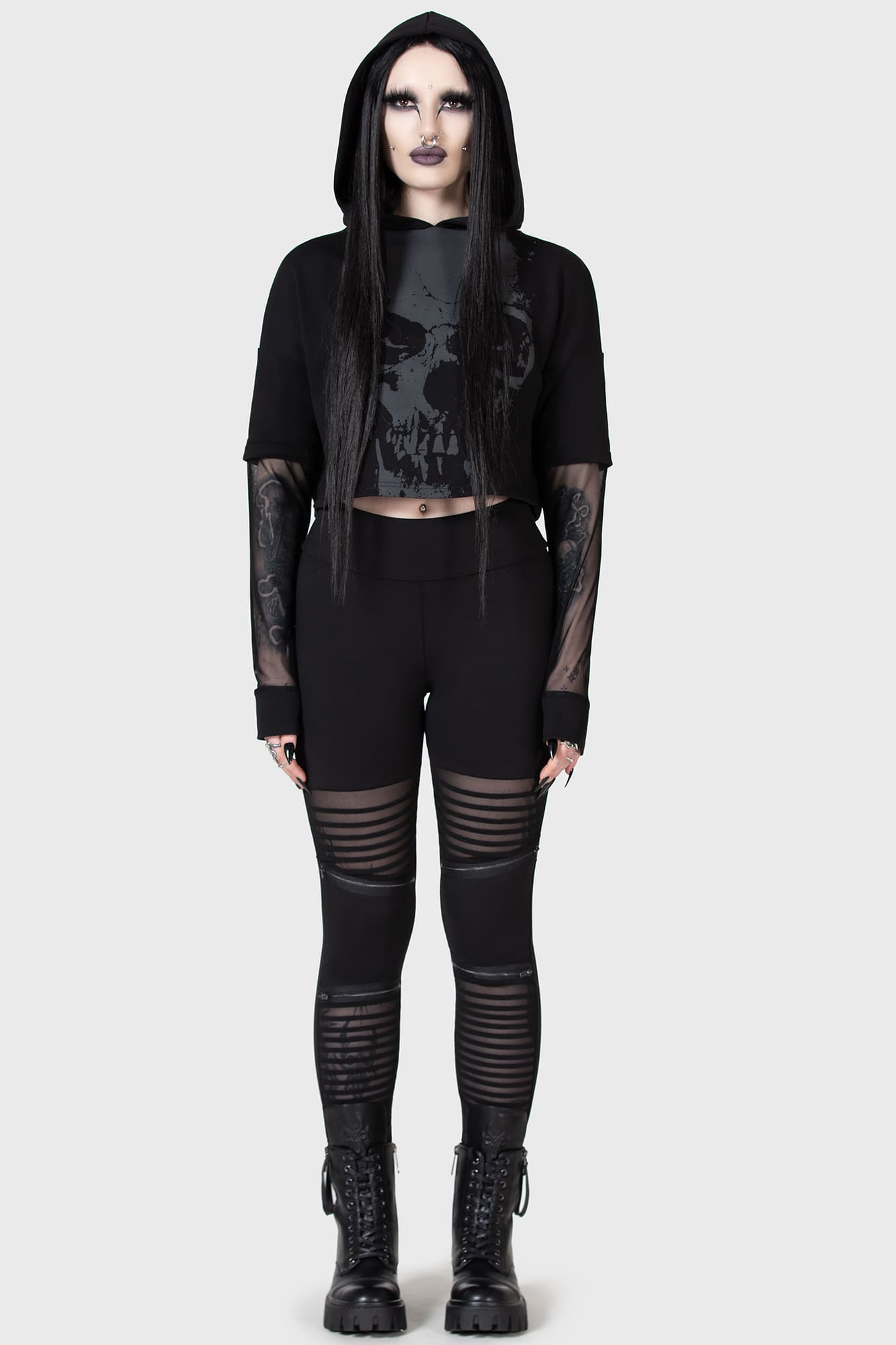 KIHILIST Skull Print Cropped Hoodie - Soft Cotton & Mesh Sleeves