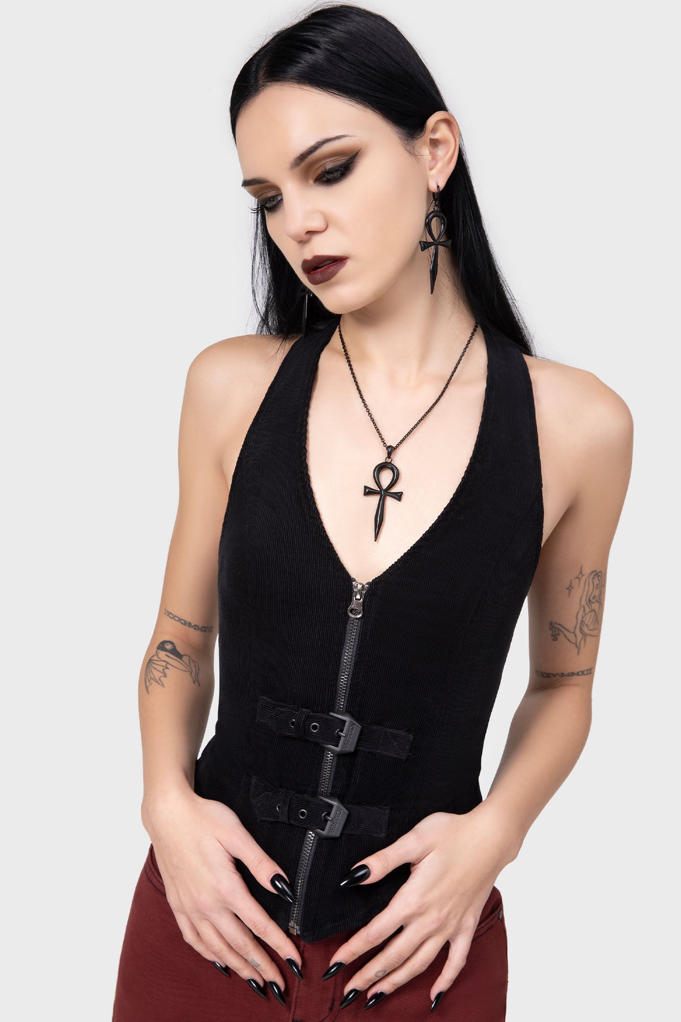 Killstar Daemonia Corduroy Halterneck Vest - Adjustable, Cotton