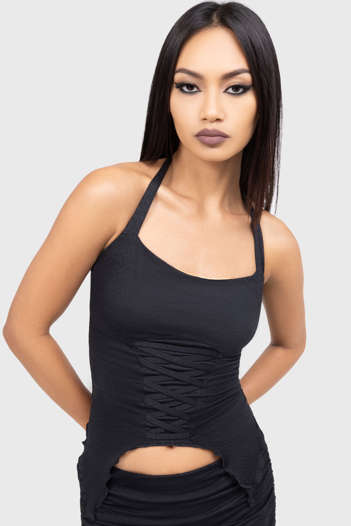 KILLSTAR Dark Dahlia Cropped Halter Top - Soft-Stretch Jacquard Jersey