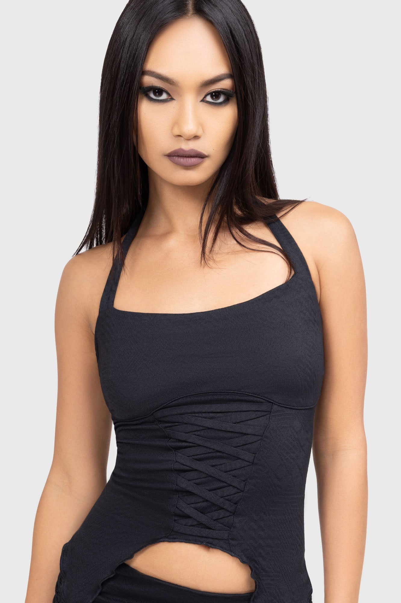 KILLSTAR Dark Dahlia Cropped Halter Top - Soft-Stretch Jacquard Jersey