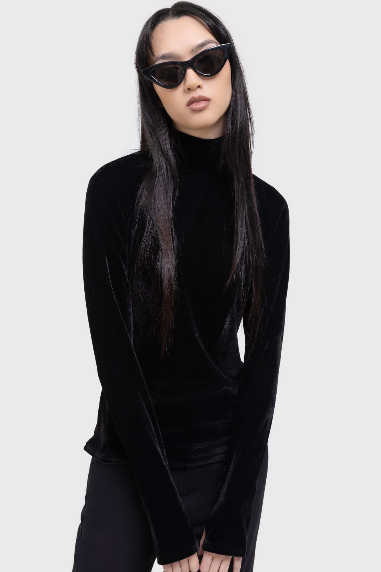 Echonova Velvet Long Sleeve Top - High Neck Fitted Blouse