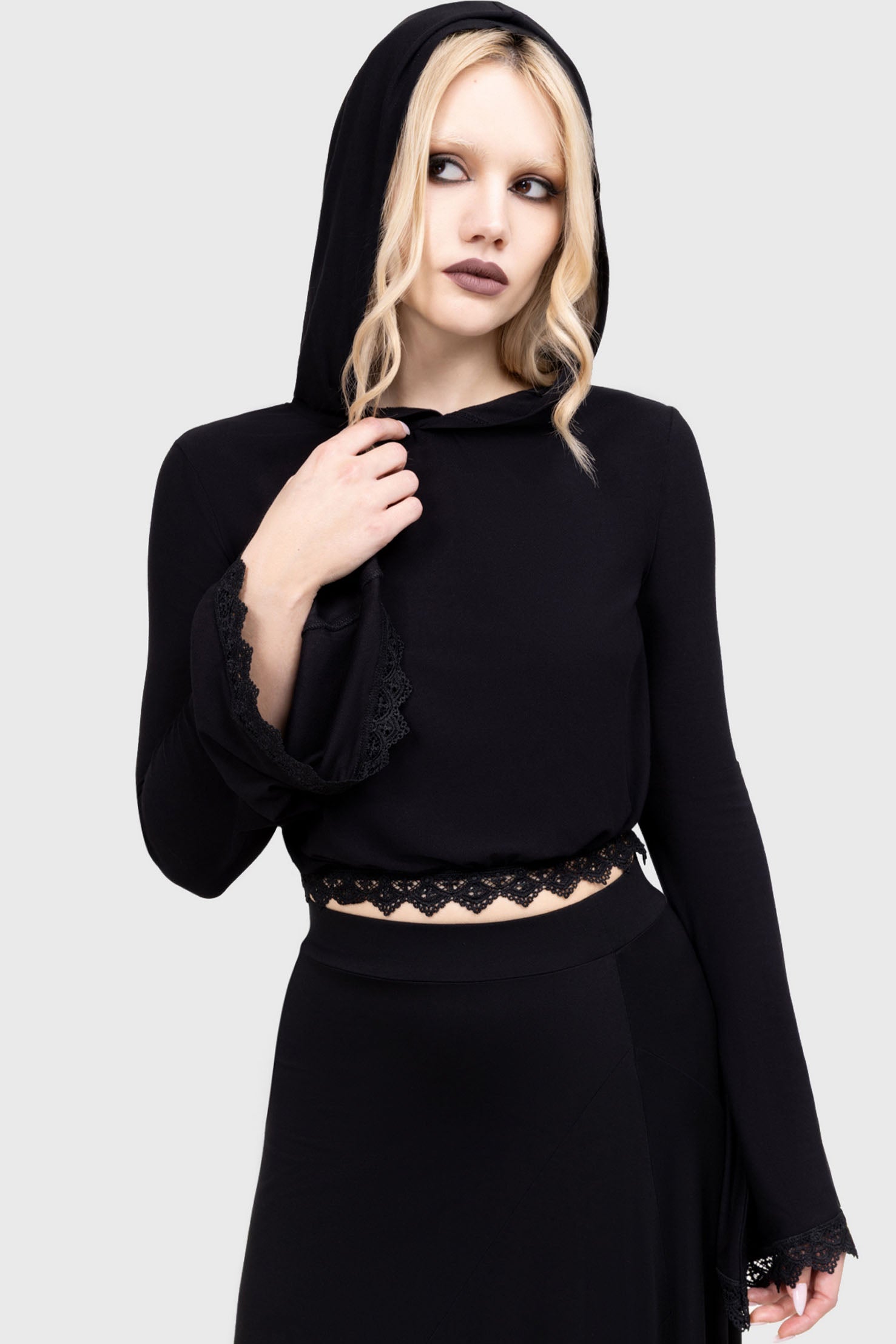 Killstar Darkwood Grove Cropped Hooded Top with Lace Trim