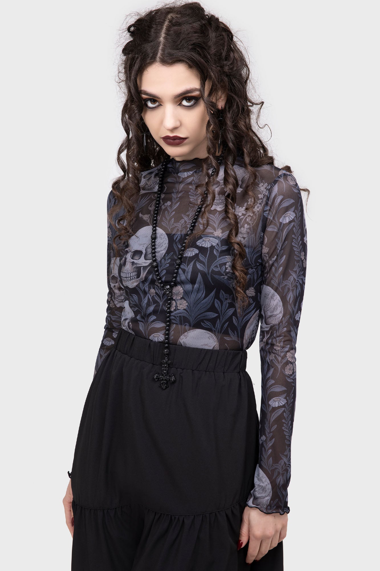 Killstar Death's Head Skull & Floral Mesh Top - Long Sleeve Lettuce Hem