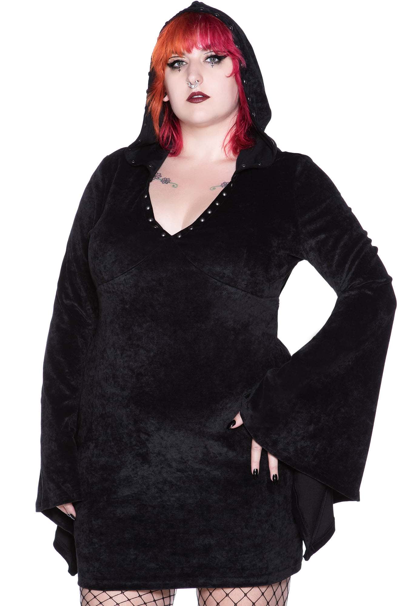 Killstar Forbidden Studded Velvet Dress with Hood