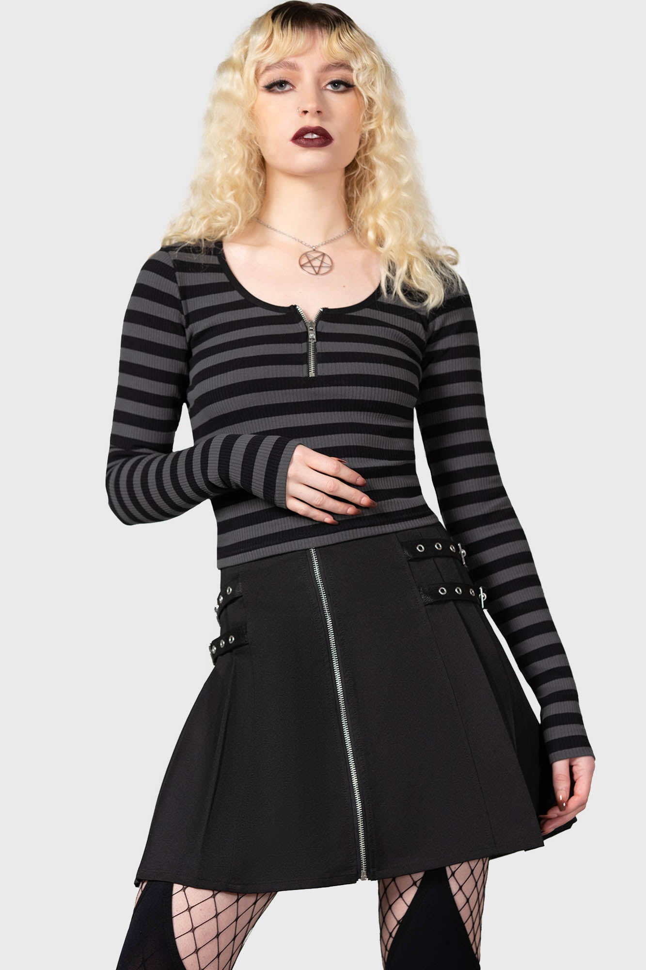 Killstar Izora Ribbed Cropped Zip Top - Grey Cotton Blend