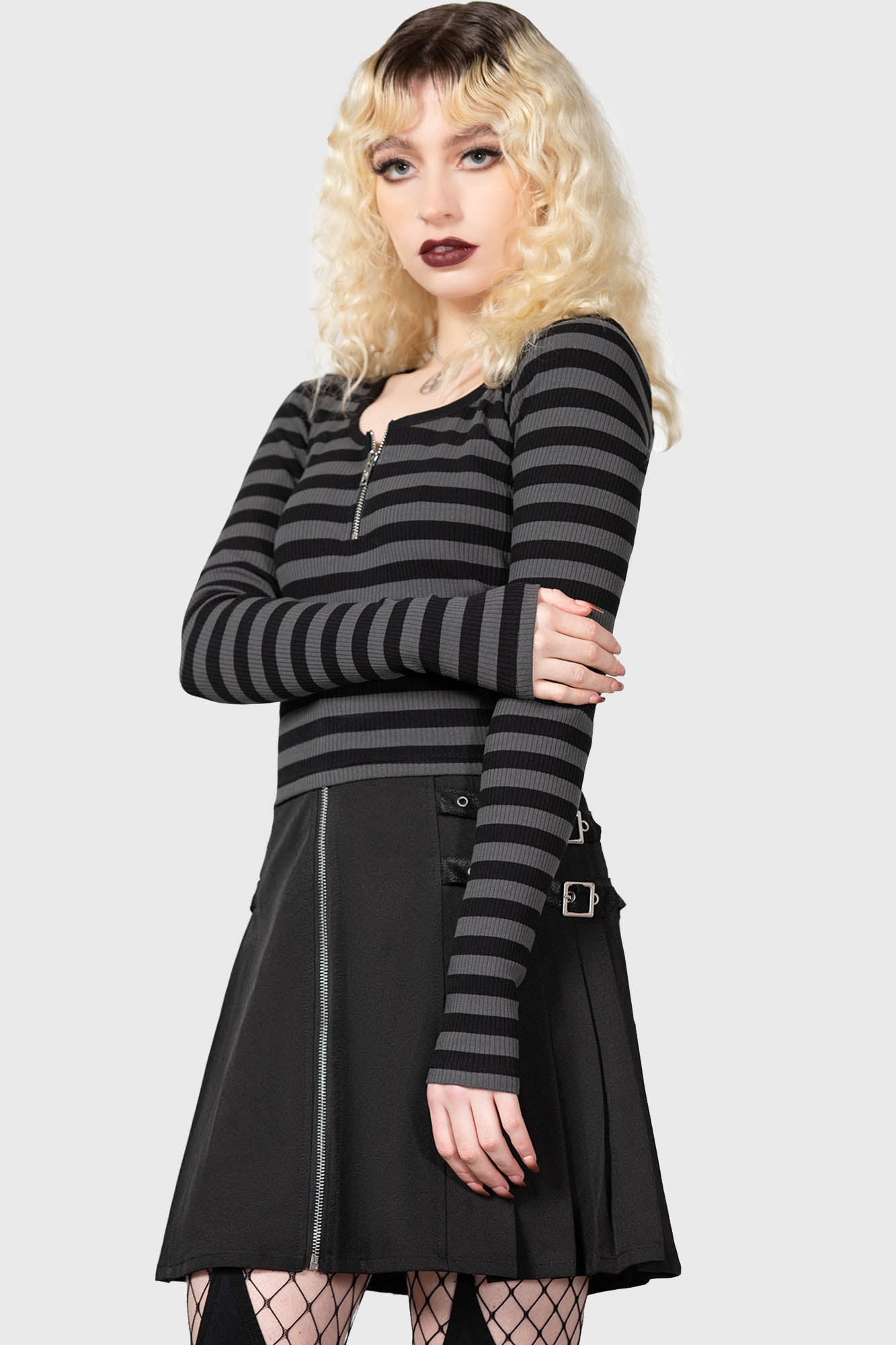 Killstar Izora Ribbed Cropped Zip Top - Grey Cotton Blend