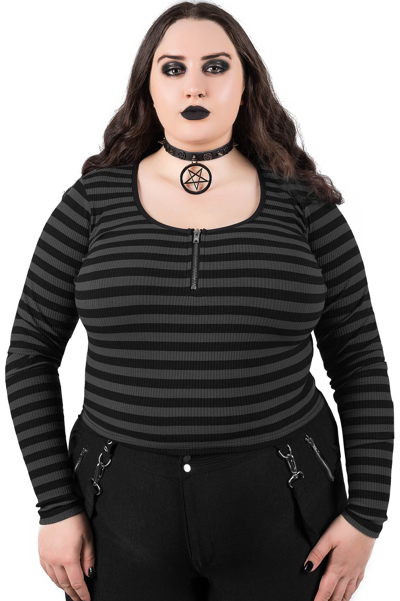 Killstar Izora Ribbed Cropped Zip Top - Grey Cotton Blend