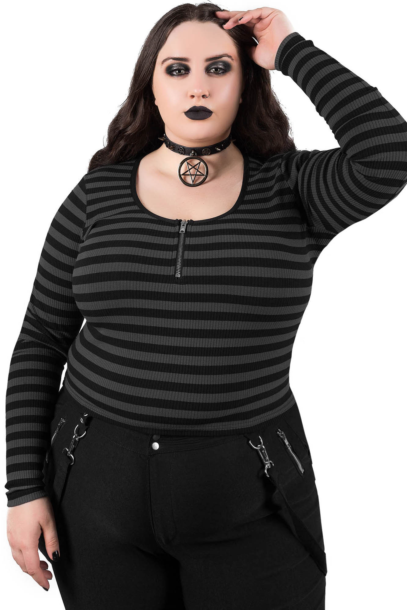 Killstar Izora Ribbed Cropped Zip Top - Grey Cotton Blend