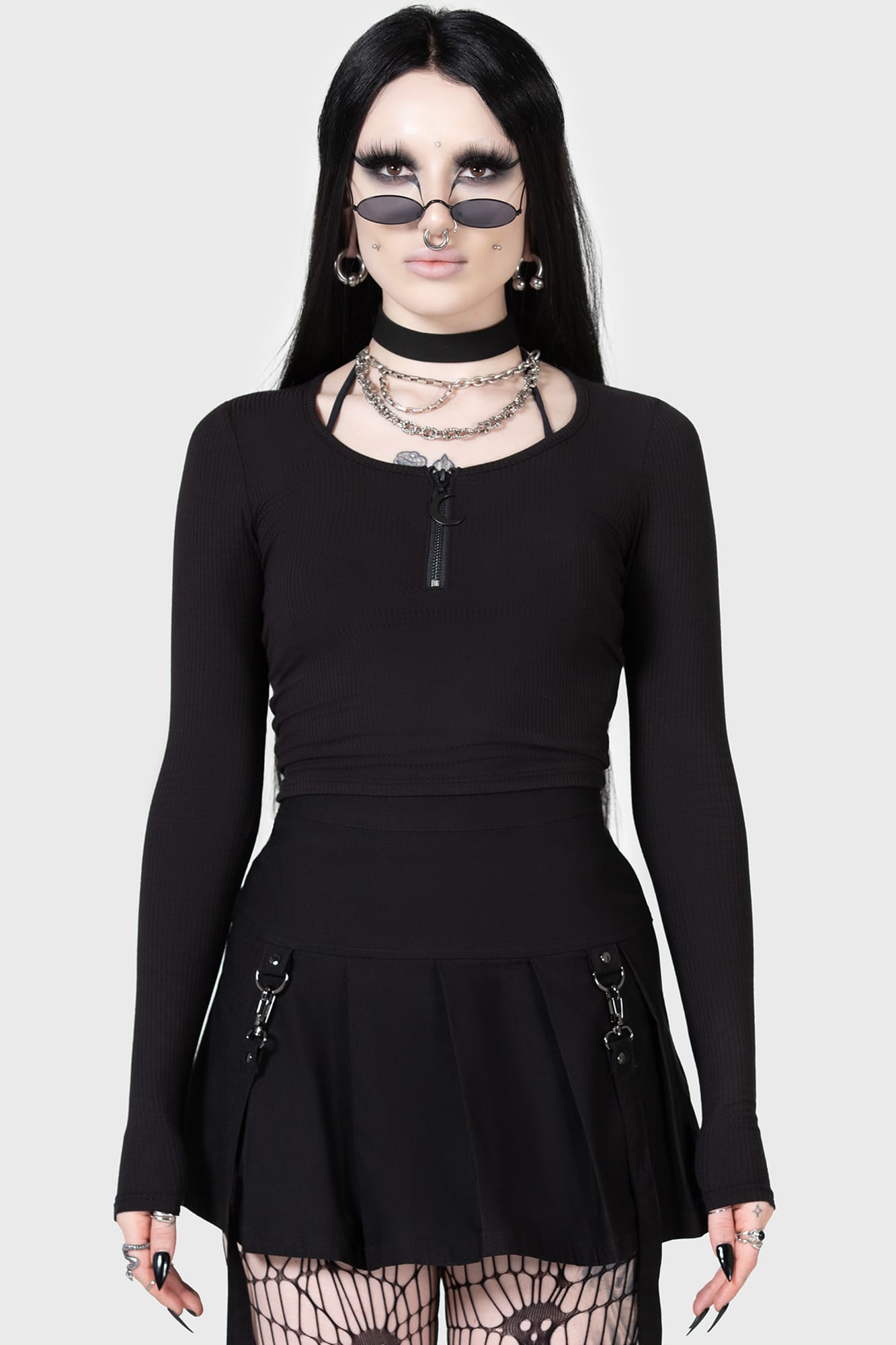 KIHILIST Lune Sting Ribbed Cropped Top with Zip Detail