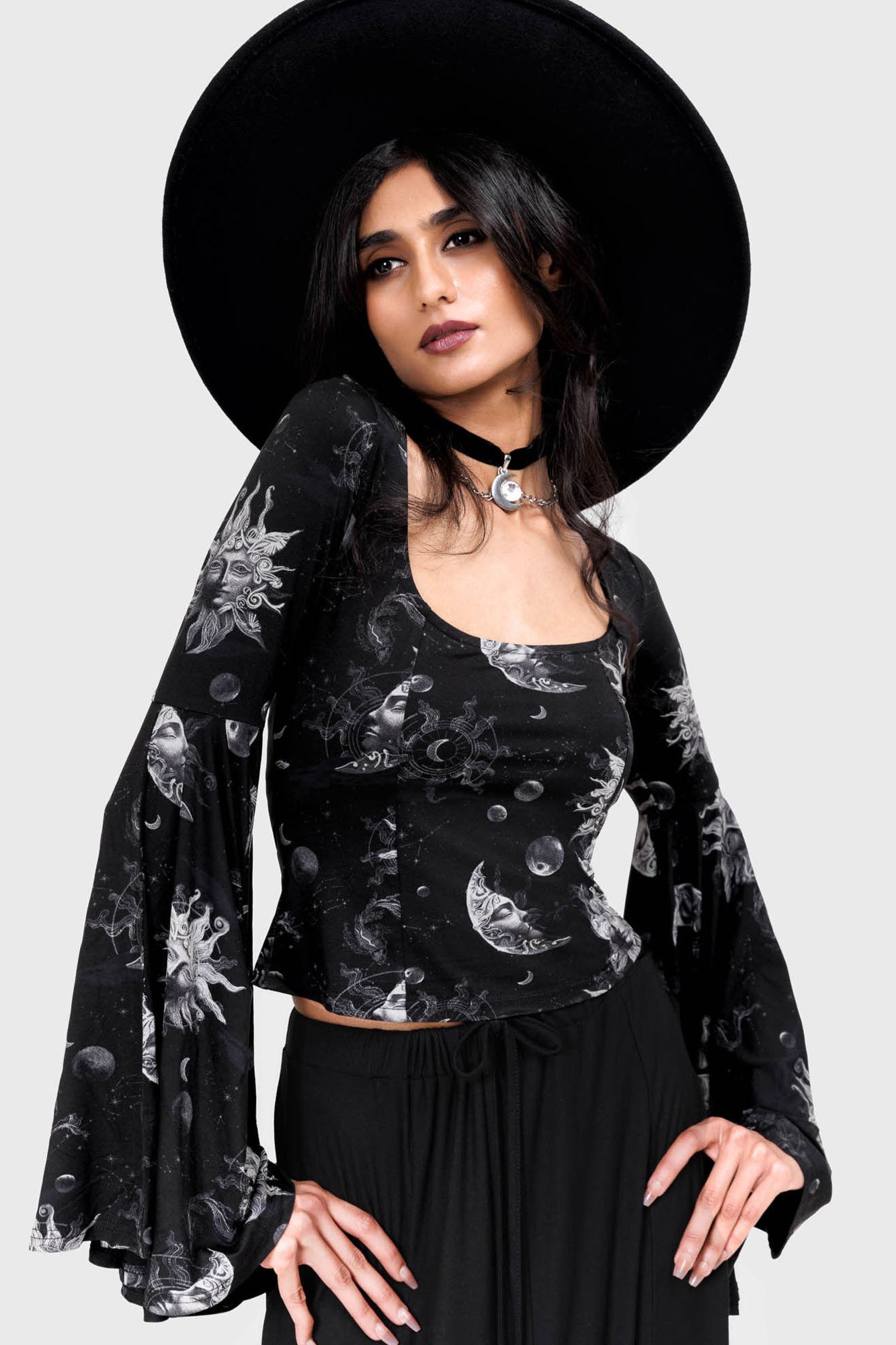 Killstar Luminara Celestial Print Cropped Top with Flared Sleeves