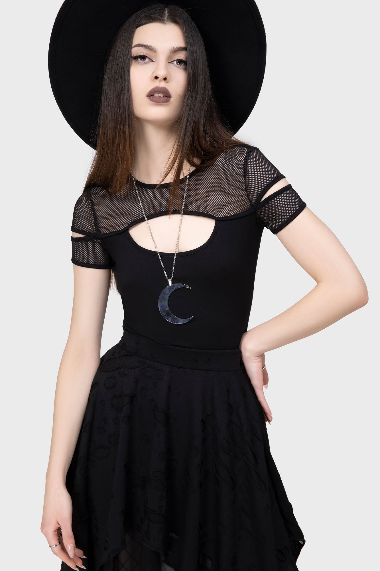 Killstar Jovie Stretch Keyhole Top with Fishnet Sleeves
