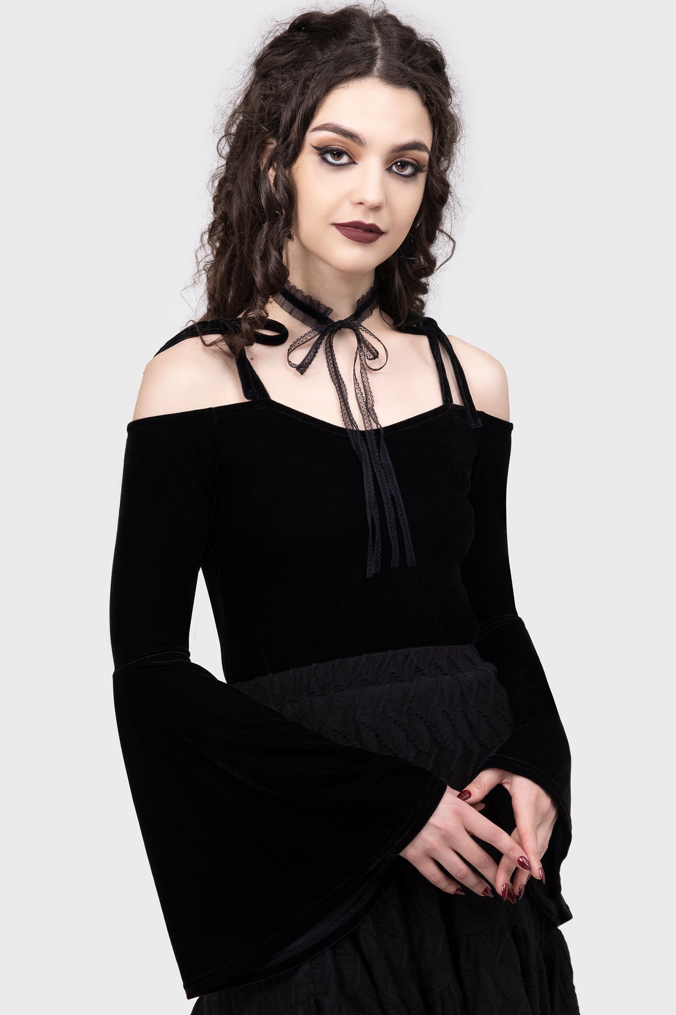 Killstar Mortisia Bardot Top with Flared Sleeves & Adjustable Straps