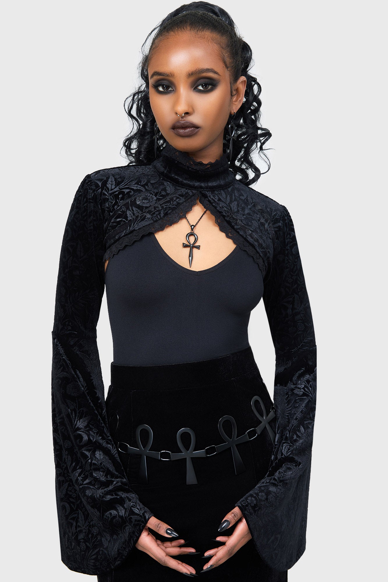 Killstar Mystic Coil Velvet Bolero with Lace Hem