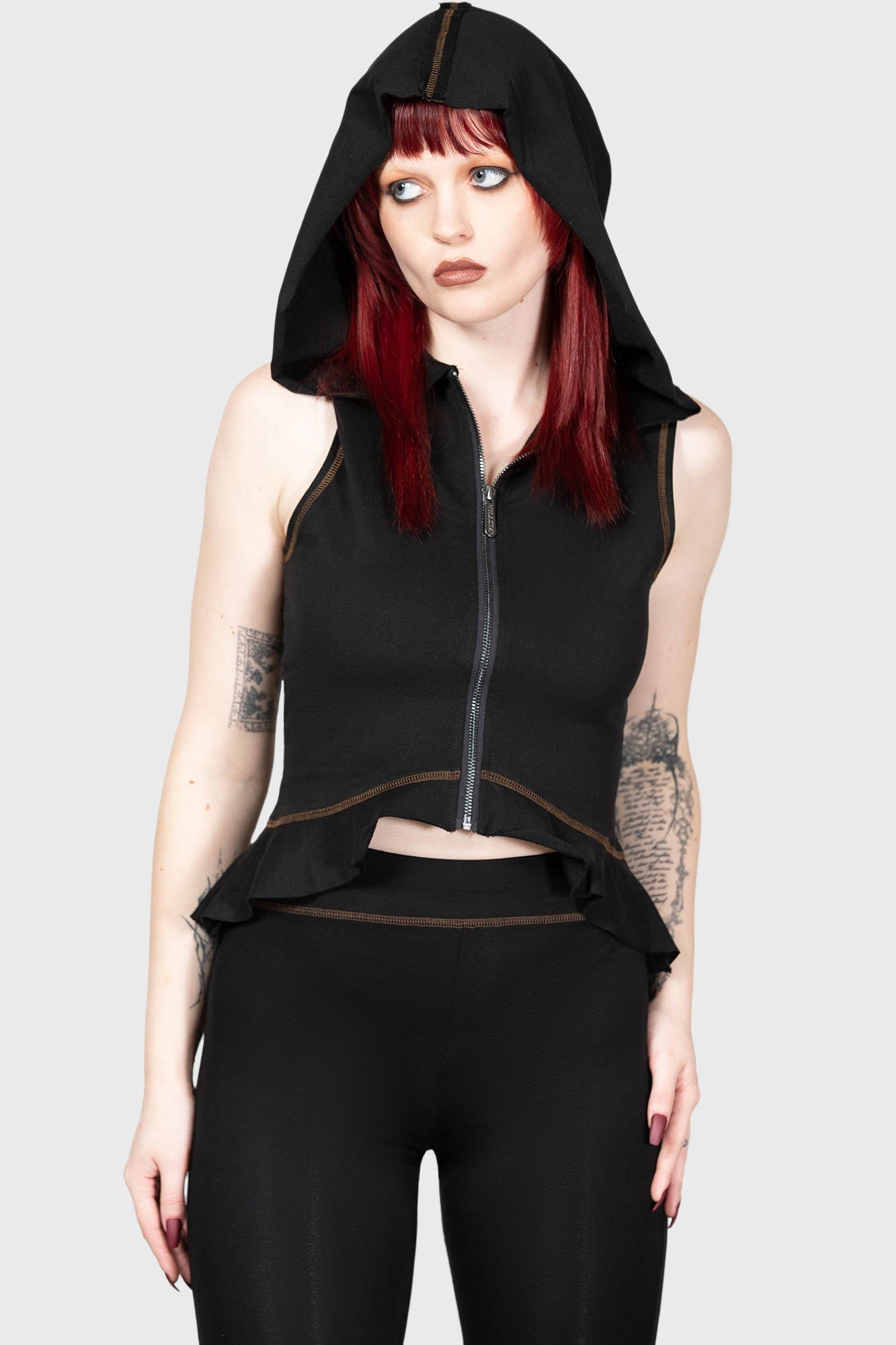 Killstar Furrows Zip Hooded Cotton Top - Peplum & Fitted