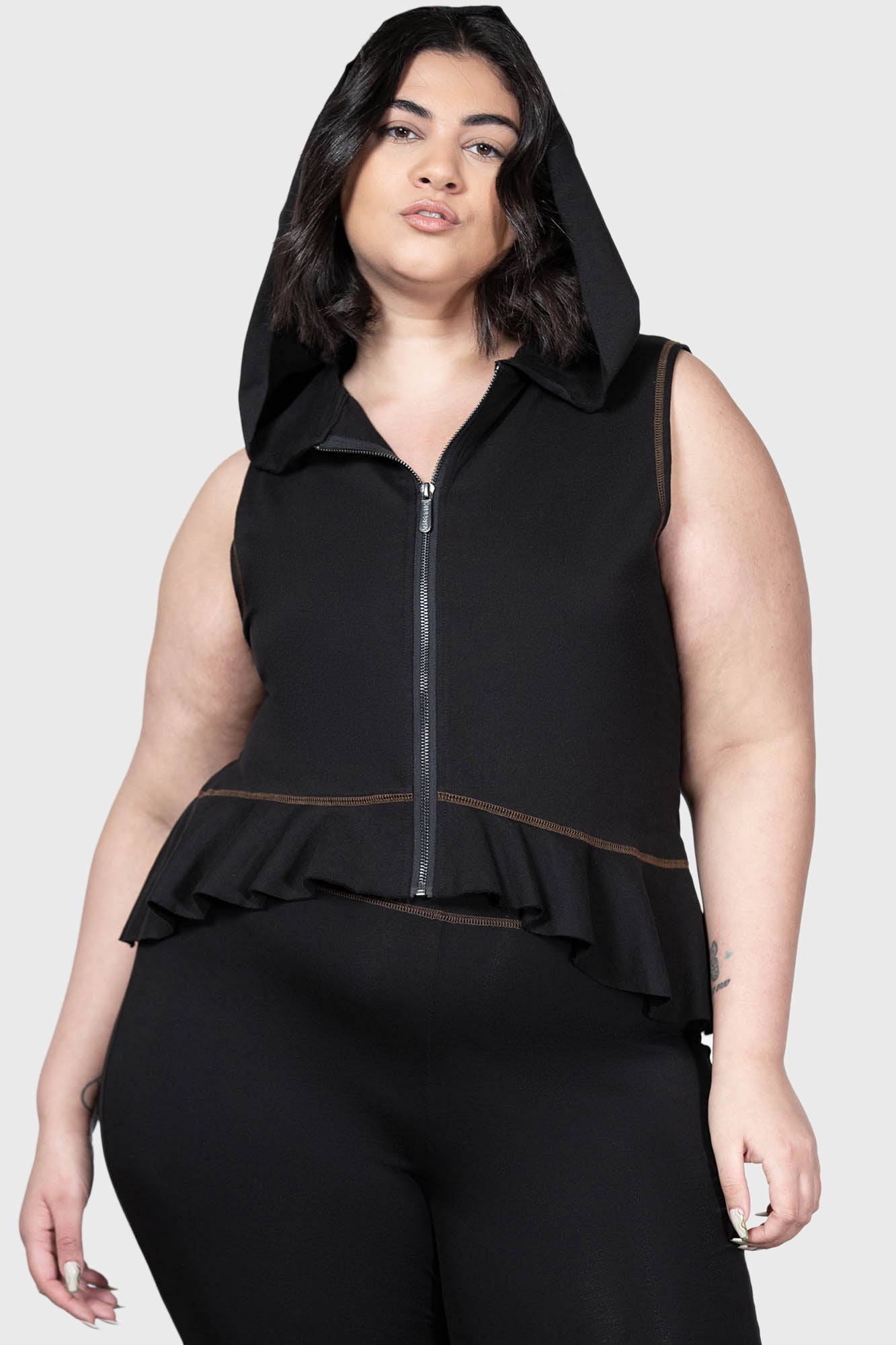 Killstar Furrows Zip Hooded Cotton Top - Peplum & Fitted